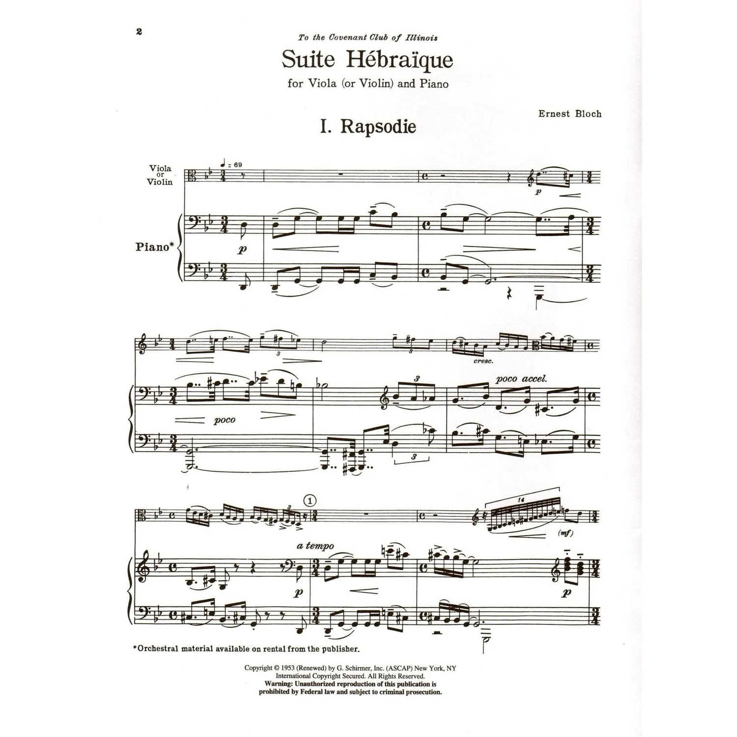 Schirmer Bloch Suite Hebraique Noten Viola Violine Klavier