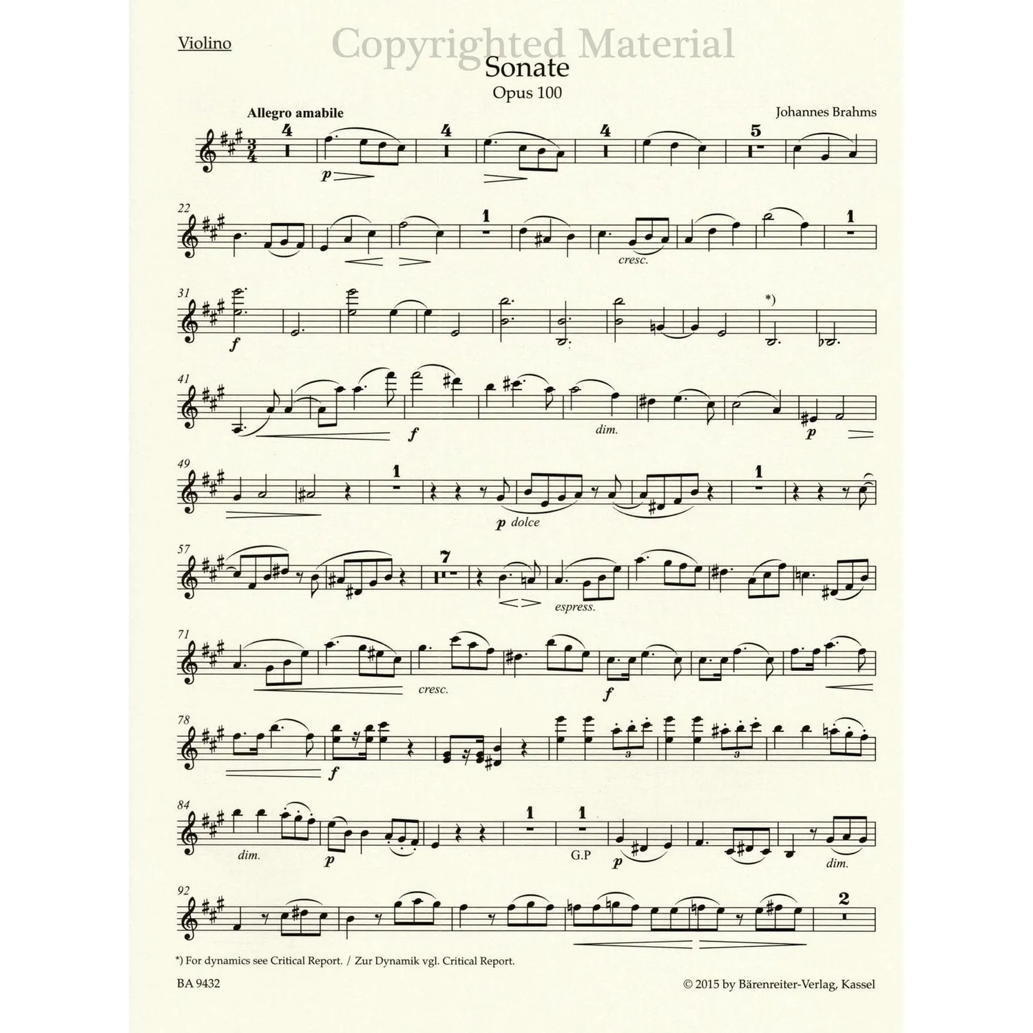 Bärenreiter Brahms Sonate A-Dur op. 100 Noten Violine Urtext