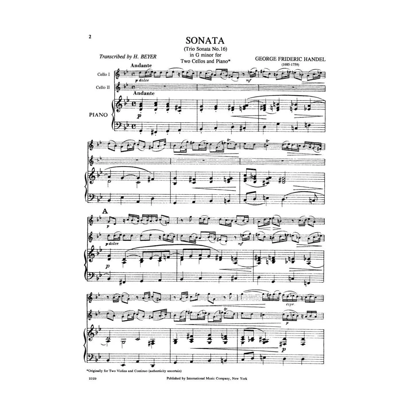 Shar Music Händel Sonate g-moll Op 2 Nr 8 Noten 2 Celli