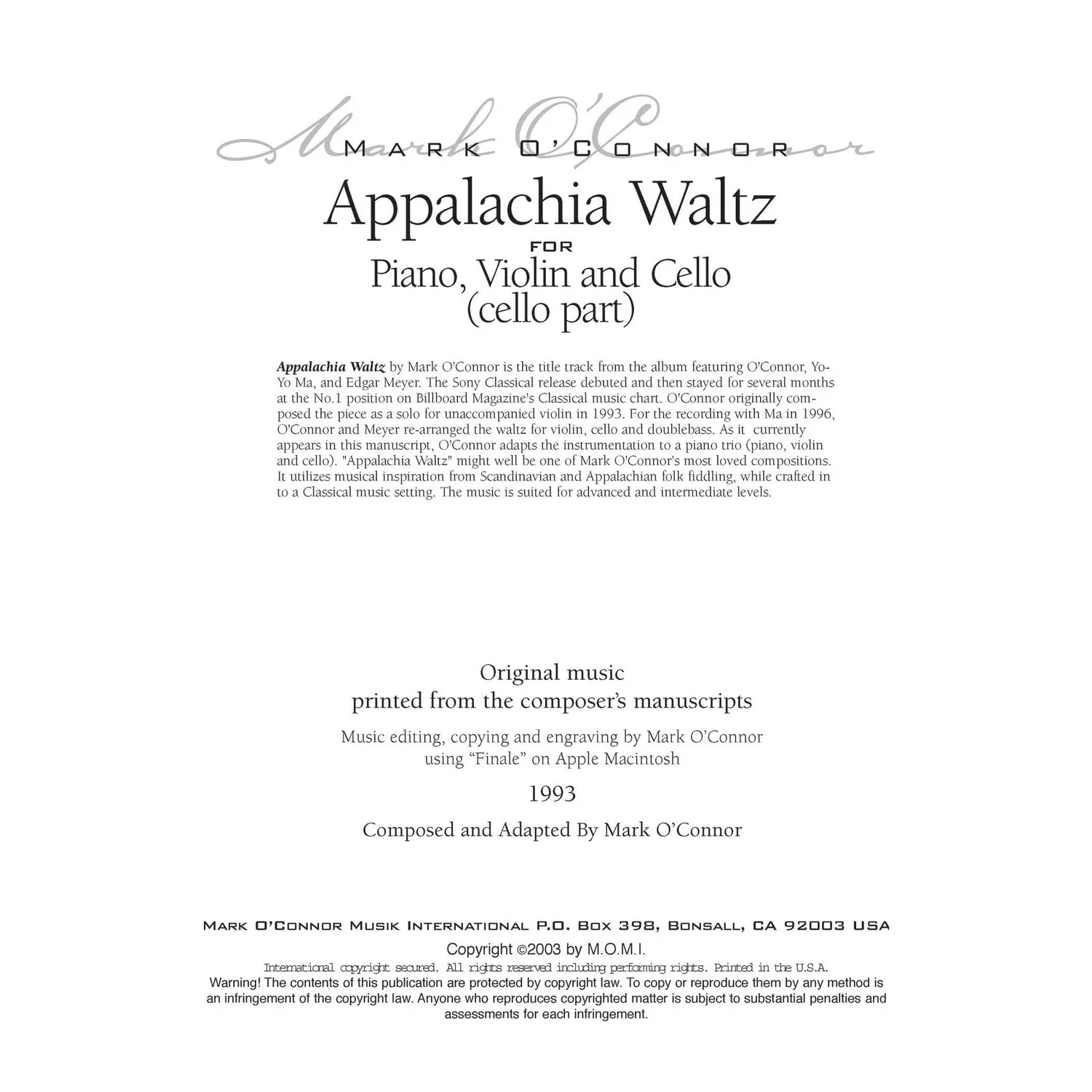 Mark O'Connor Appalachia Waltz Noten Cello Download