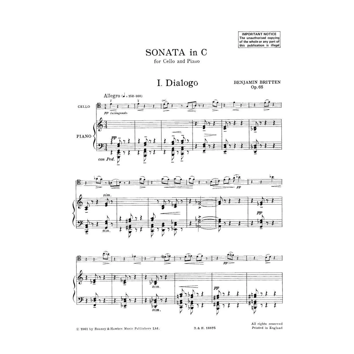 Boosey & Hawkes Britten Sonata Op 65 Cello Klavier Noten