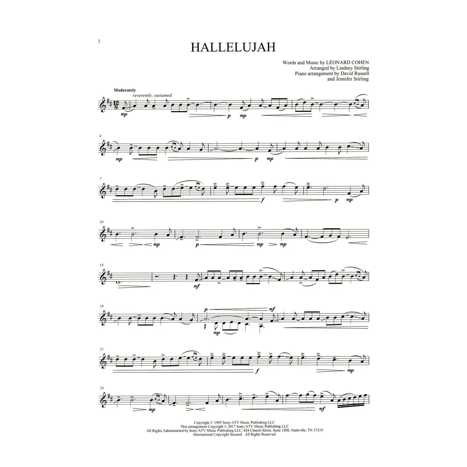 Hal Leonard Hallelujah Stirling Geigennoten Klavier leicht