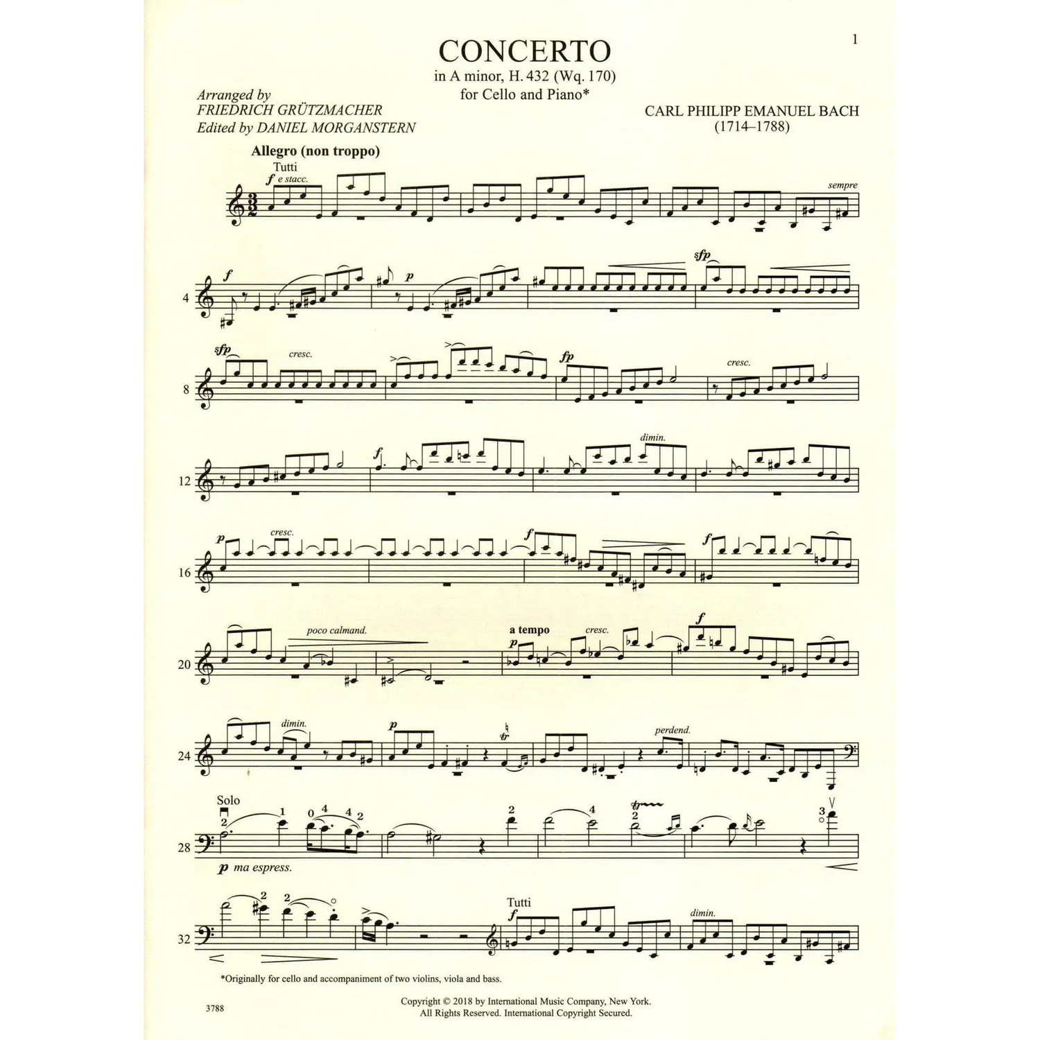 Shar Music Bach H 432 Cellokonzert Noten Cello Klavier