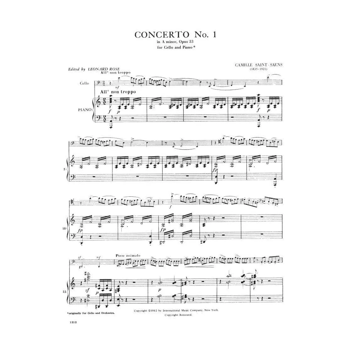 Saint-Saëns Konzert Nr 1 a-Moll Op 33 Noten Cello Klavier