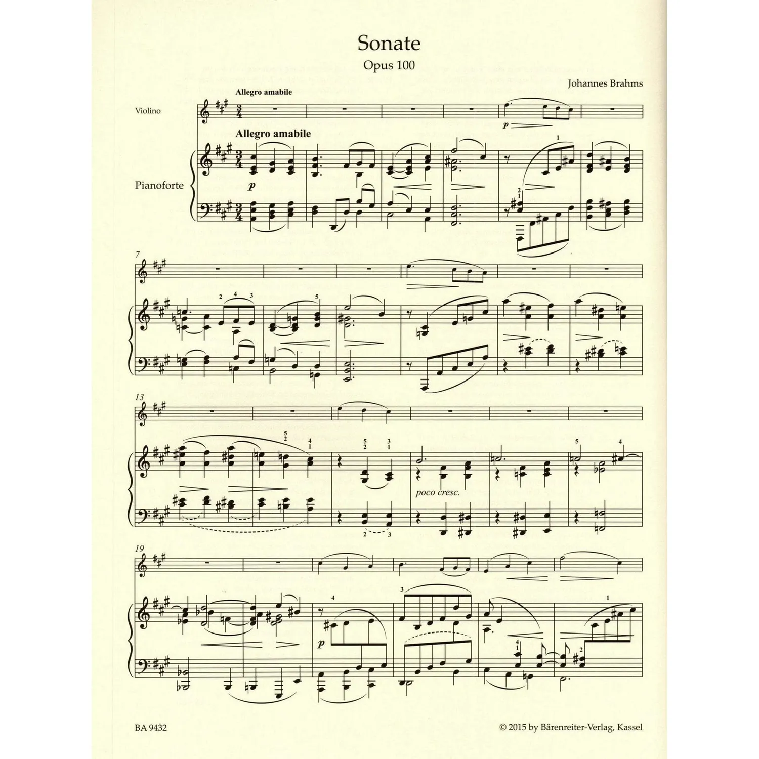 Bärenreiter Brahms Sonate A-Dur op. 100 Noten Violine Urtext