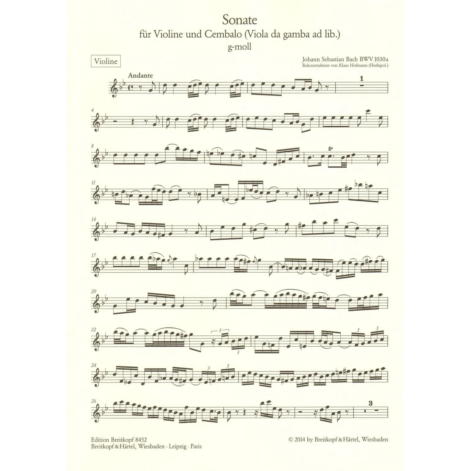 Breitkopf Bach Sonate BWV 1030a Noten Violine g-Moll mit Gambe
