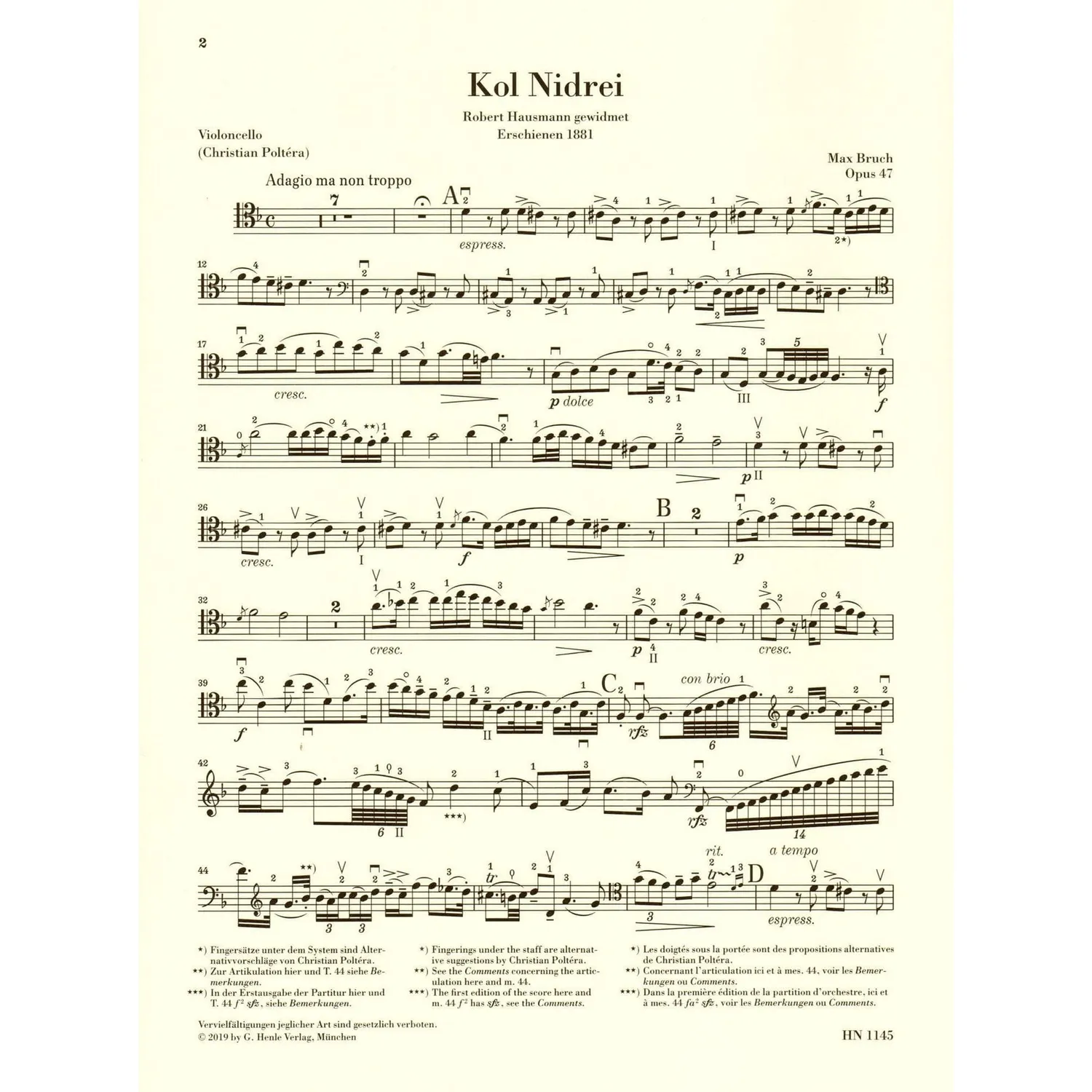 Shar Music Bruch Kol Nidrei op.47 Noten Cello Klavier Urtext