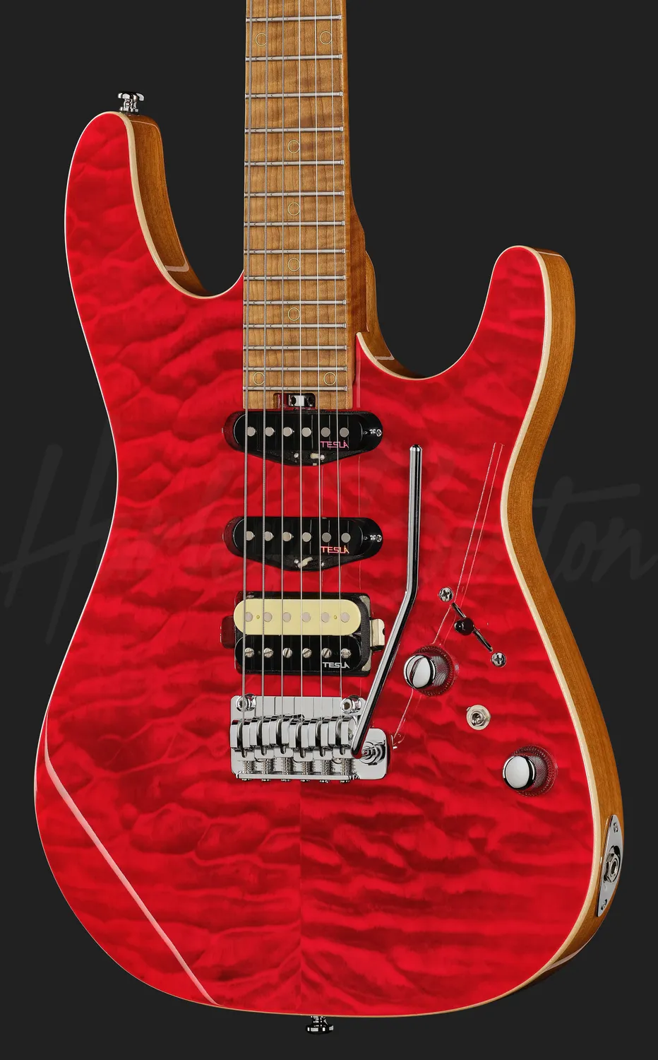 Harley Benton Fusion-IV HSS MN QRG E-Gitarre Raspberry Gloss Tremolo