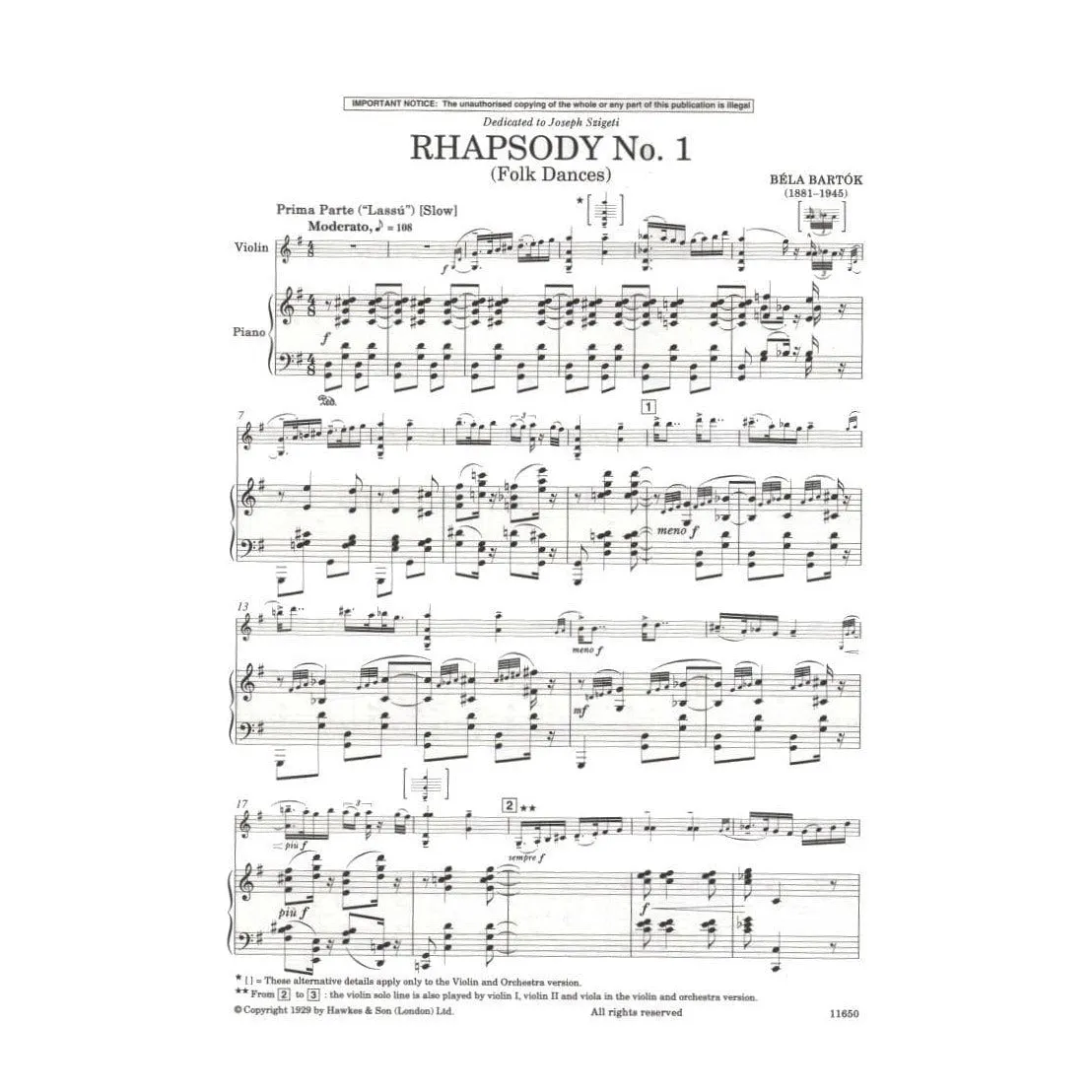 Shar Music Bartók First Rhapsody Sz 94a Violinnoten Klavier
