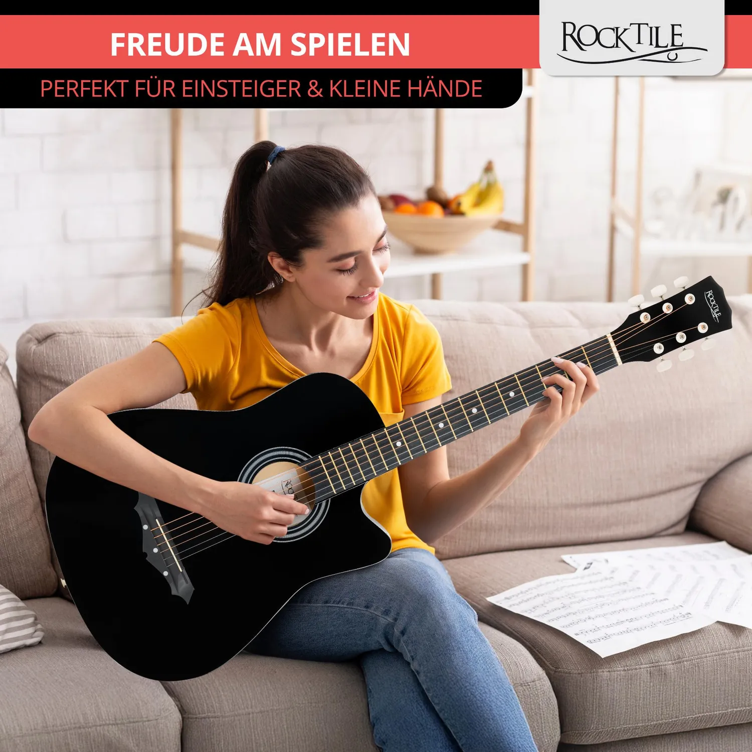 Rocktile WSD-5C-BK Slim Westerngitarre Set Schwarz Dreadnought
