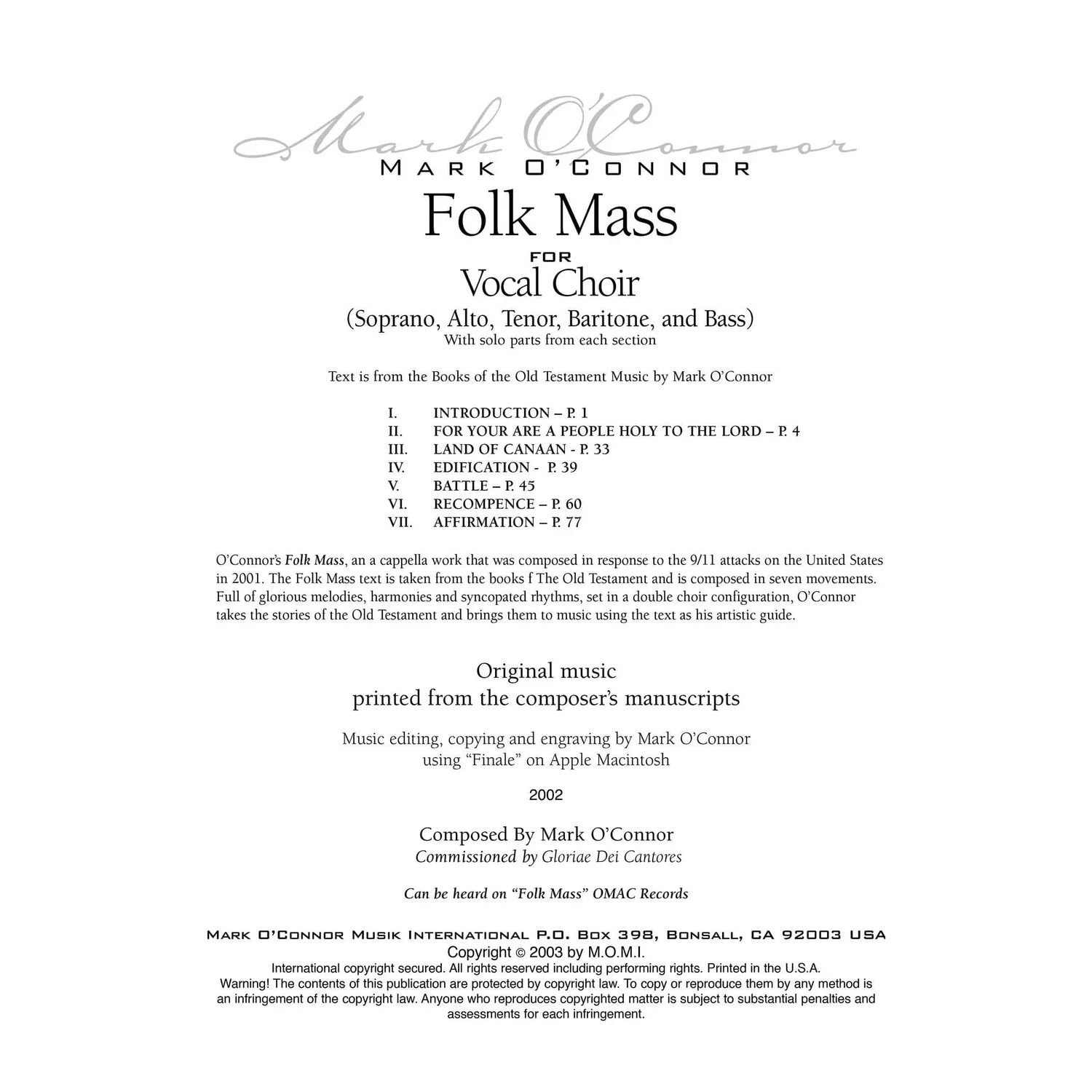 O'Connor Folk Mass Chornoten Download a cappella Doppelchor