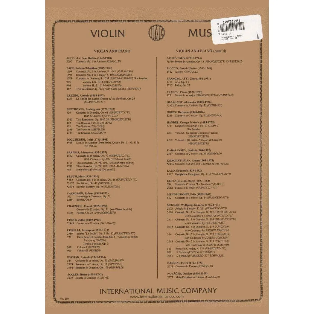 International Tschaikowski Op 42 Violin-Noten Galamian