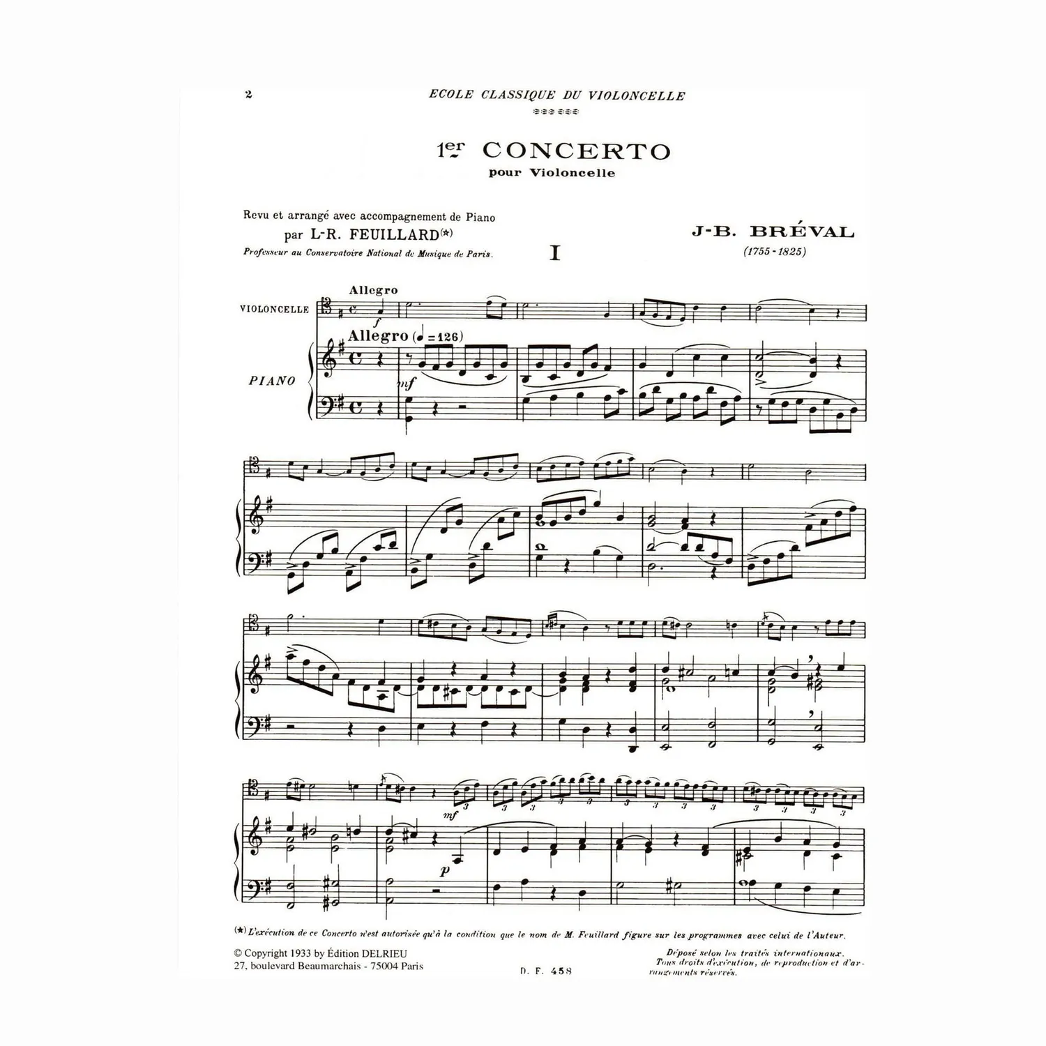 Breval Concerto Nr 1 G-Dur Op 17 Cellonoten Klavier Feuillard