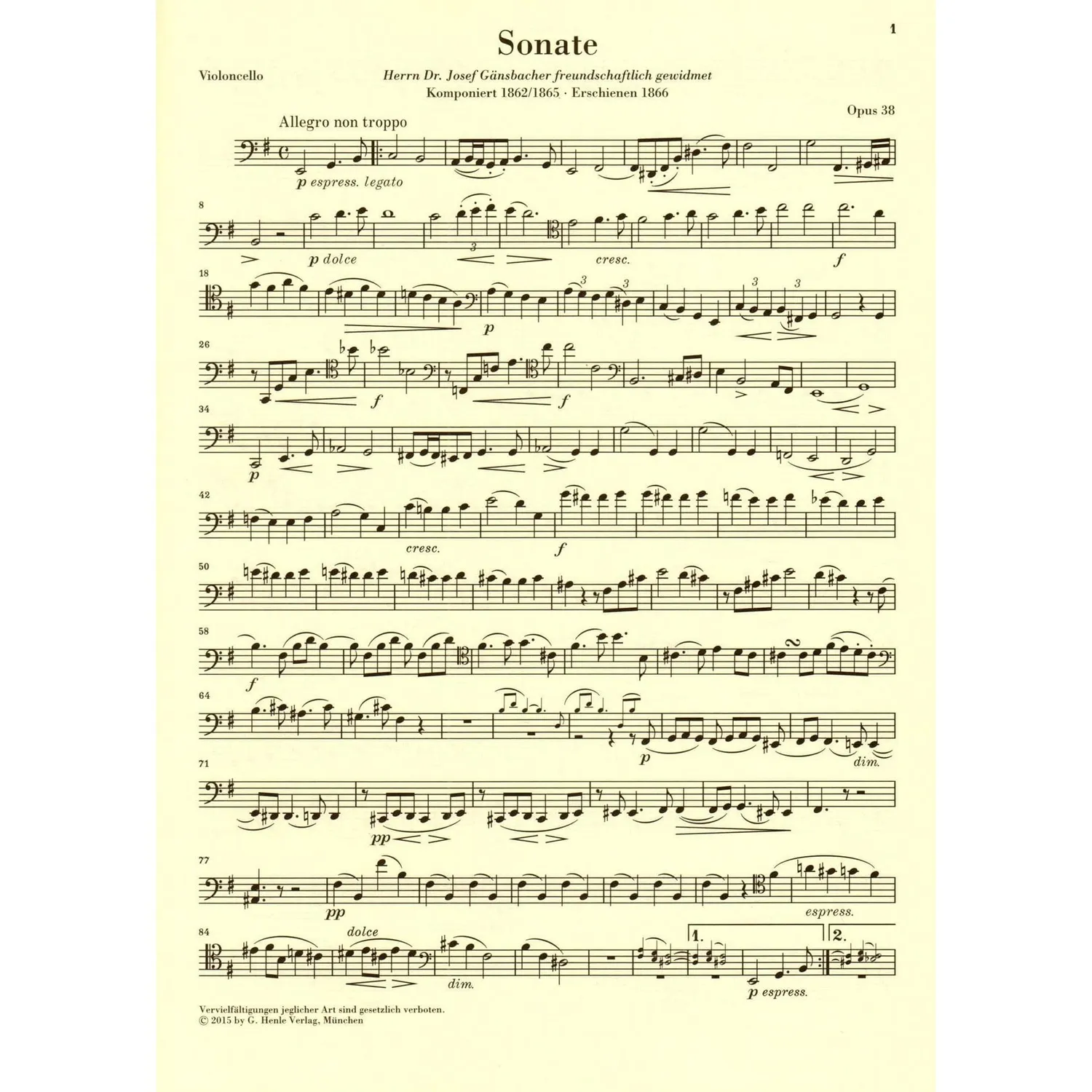Shar Music Brahms Sonate e-moll op.38 Cellonoten Henle