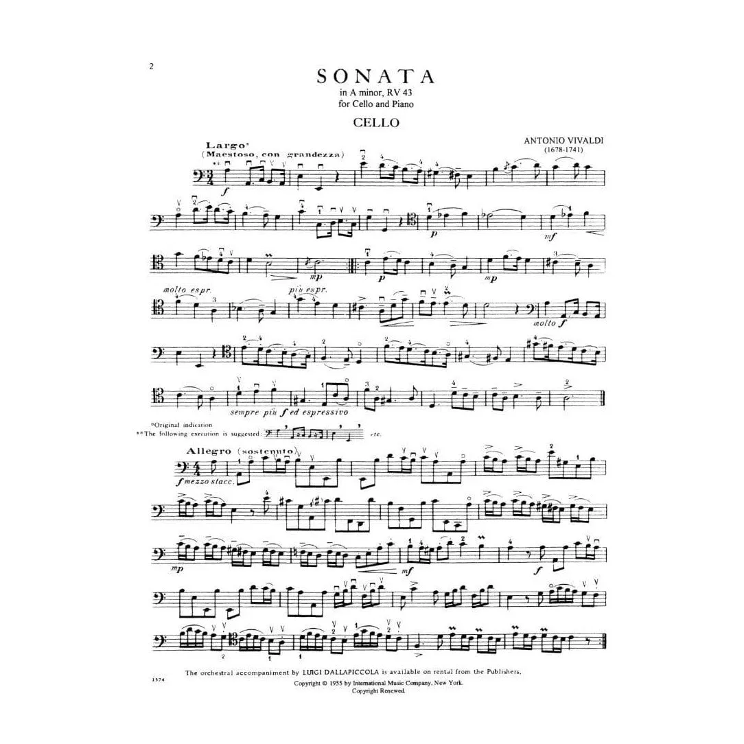 International Vivaldi Sonata a-Moll RV 43 Noten Cello leicht