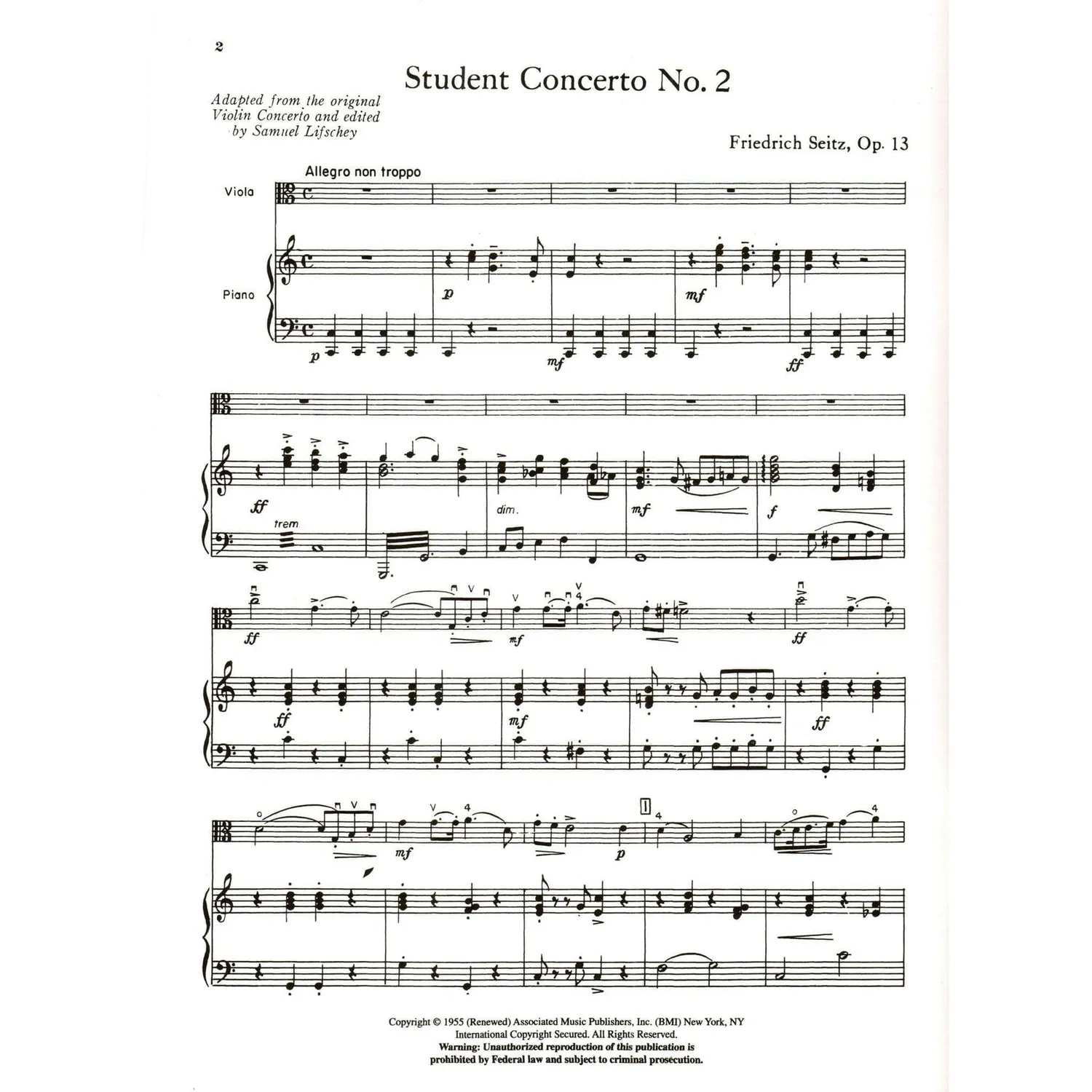 Shar Music Seitz Schülerkonzert Nr.2 Op.13 Noten Viola Klavier