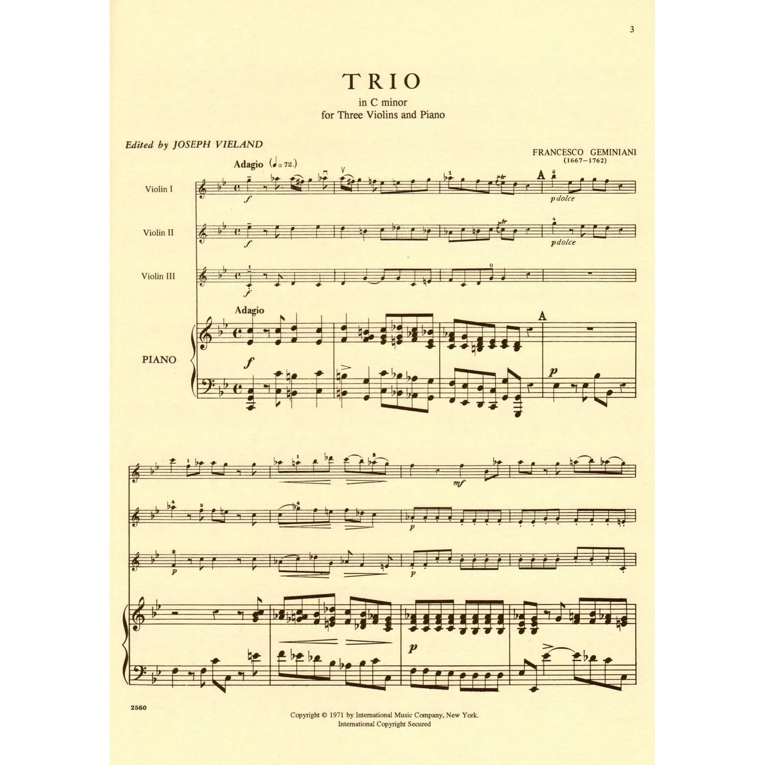 Geminiani Trio c-moll Noten 3 Violinen Klavier International