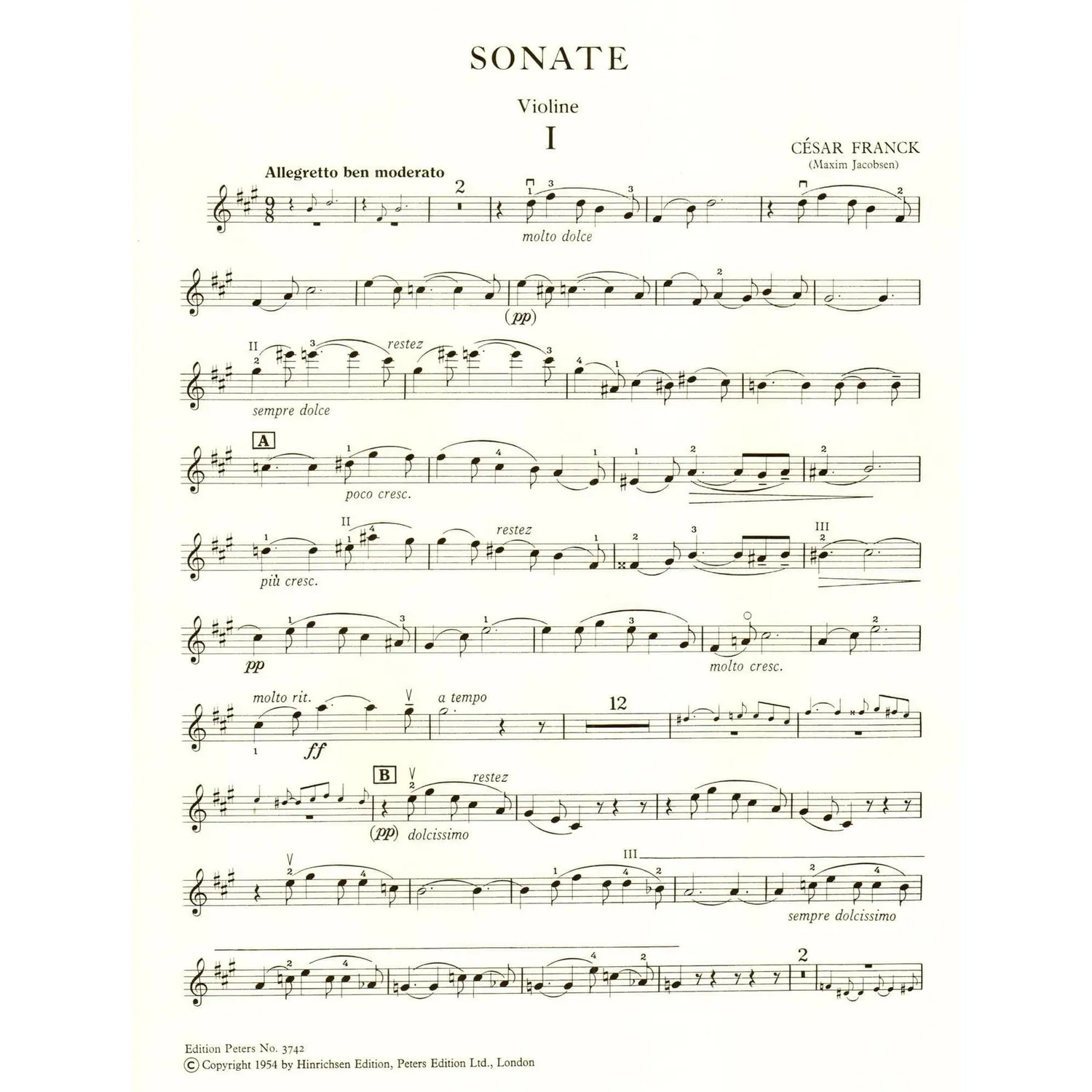 Franck Sonate A-Dur Violinenoten mit Klavier Jacobsen