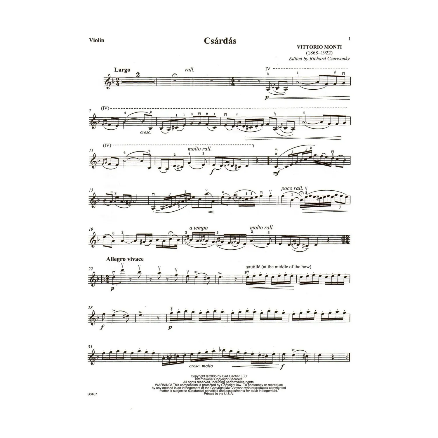 Carl Fischer Monti Csárdás Violinenoten Violine Klavier mit Audio