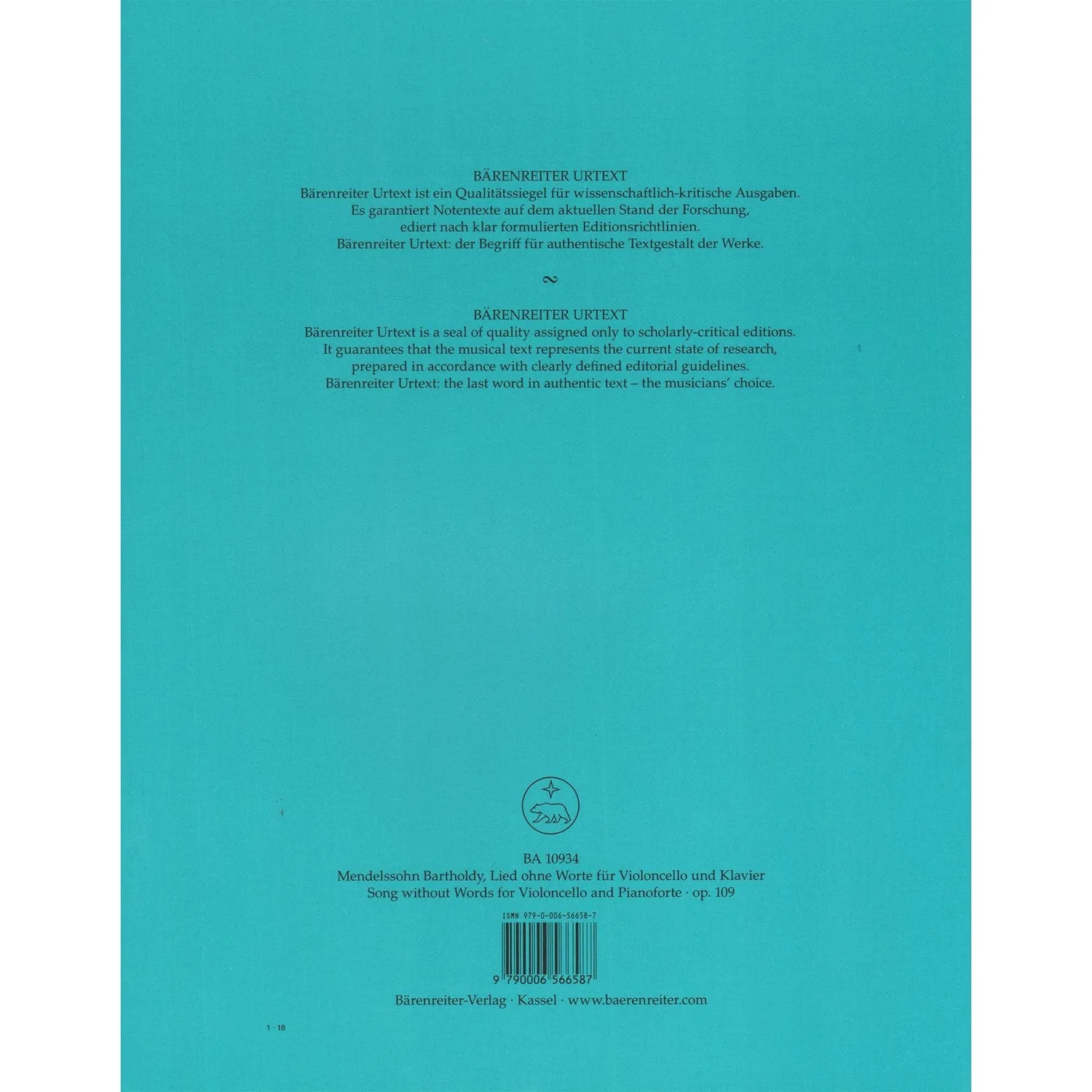 Mendelssohn Lied ohne Worte Cello Klavier Bärenreiter Urtext