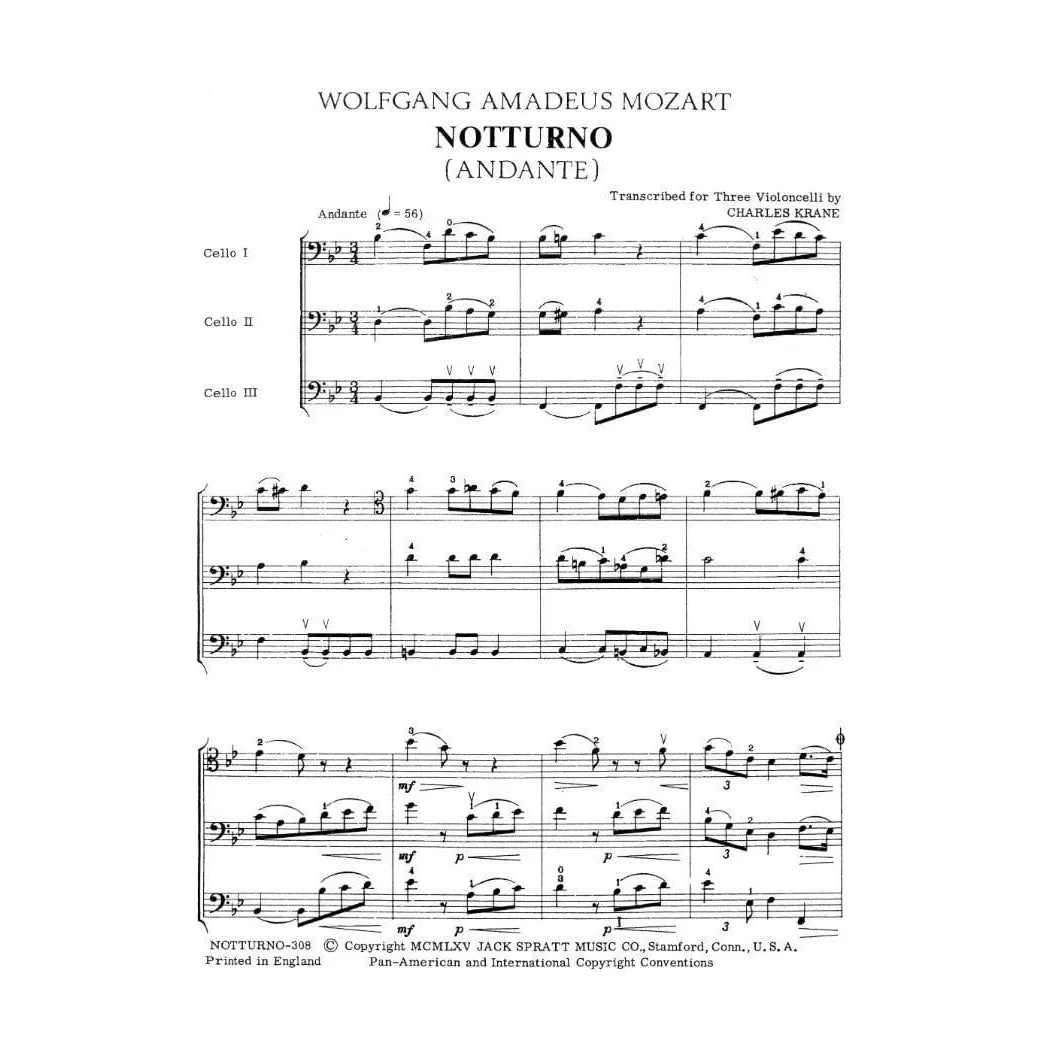 Shar Music Mozart Notturno Andante Noten 3 Celli Krane