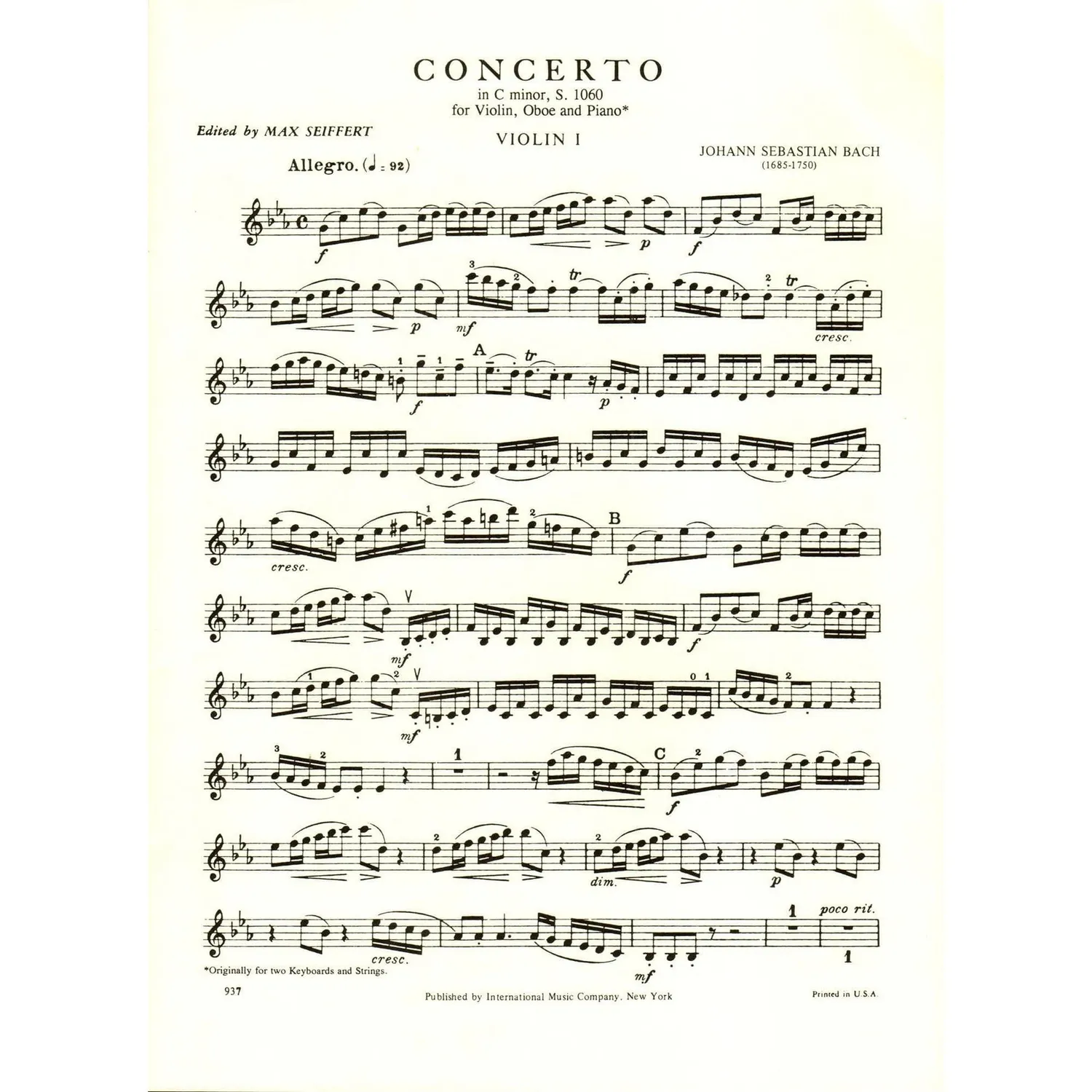 International Bach Konzert c-moll BWV 1060R Noten Violine Oboe