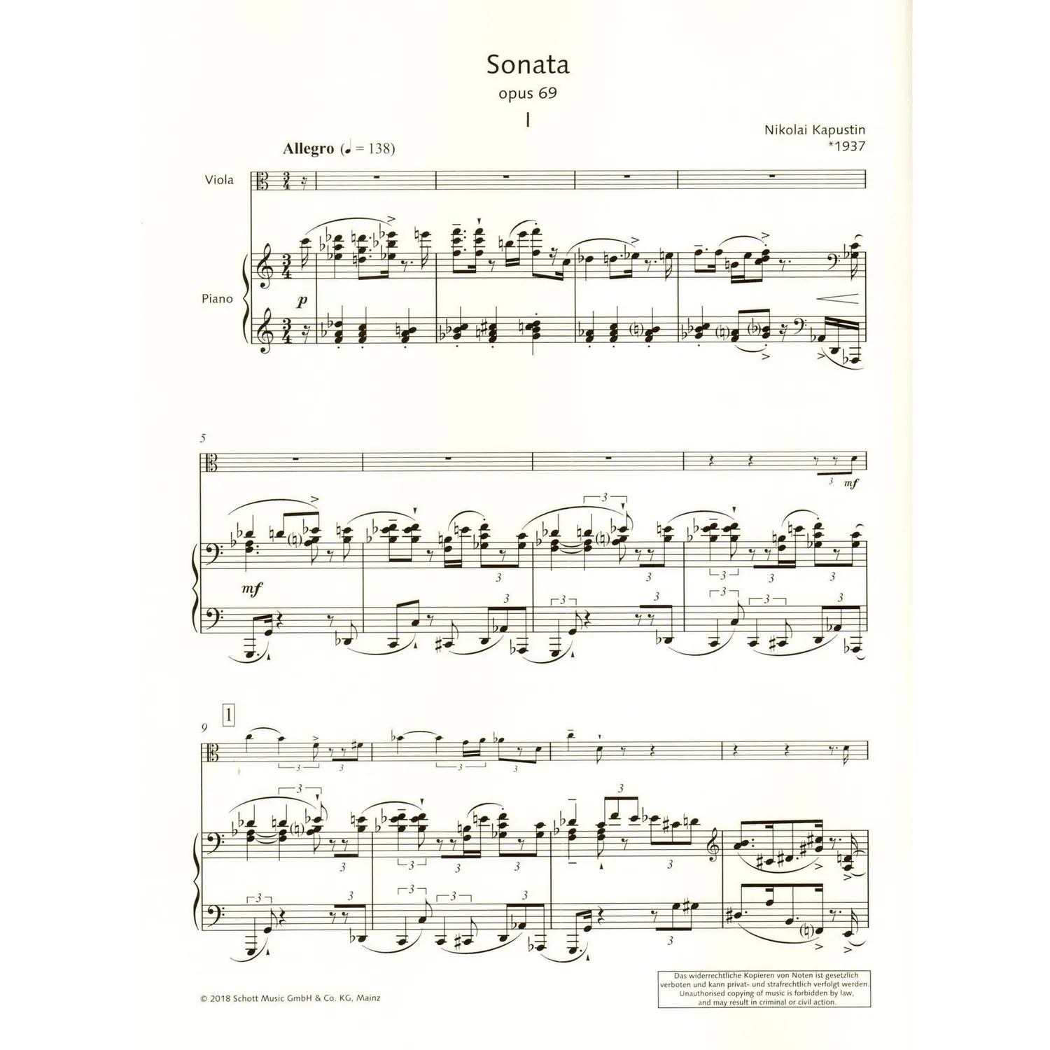 Kapustin Sonate op. 69 Noten Viola Klavier Schott