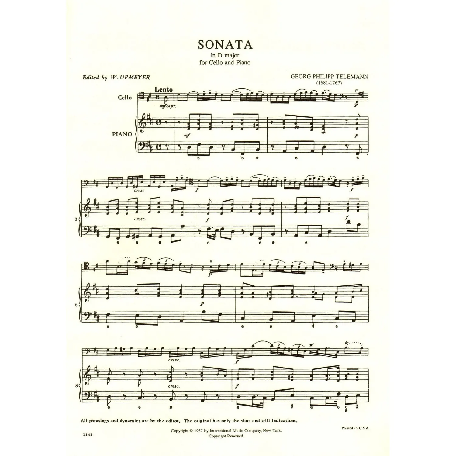 Shar Music Telemann Sonata D-Dur TWV 41:D6 Noten Cello