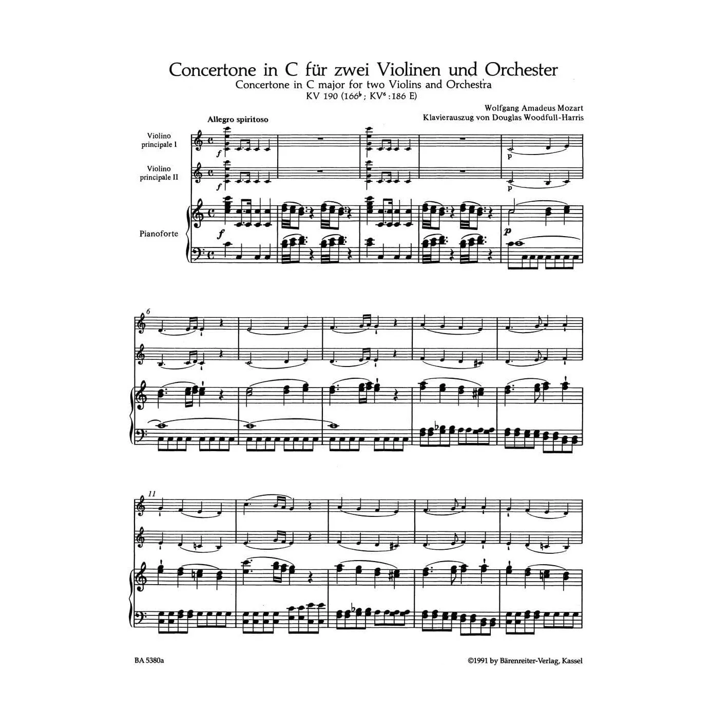 Bärenreiter Mozart Concertone K 190 Noten 2 Violinen Urtext