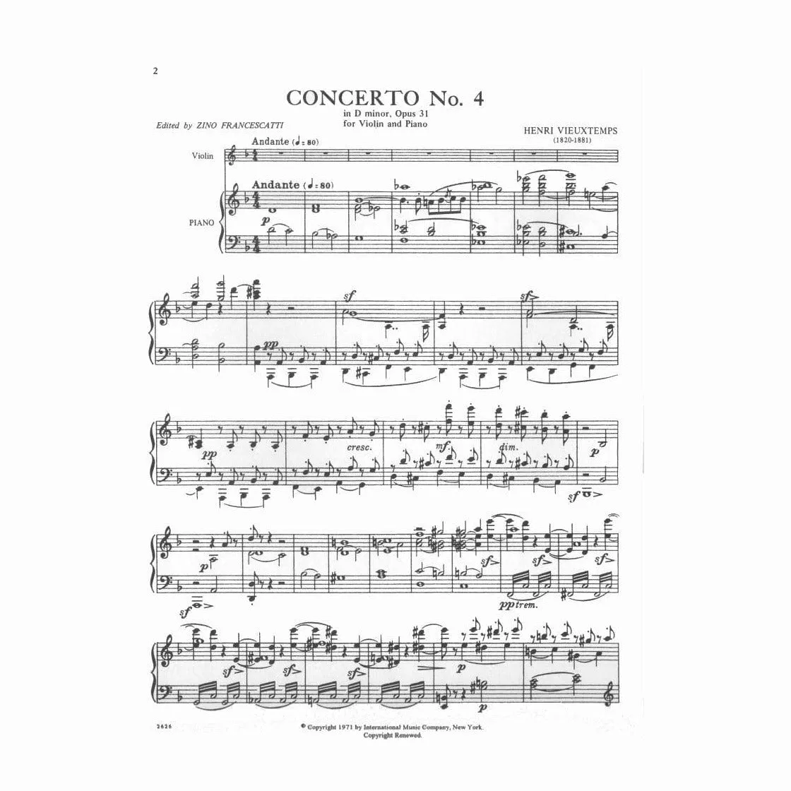 International Vieuxtemps Konzert Nr.4 d-Moll Noten Violine Klavier
