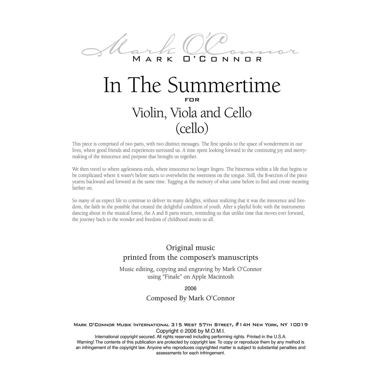 O'Connor In the Summertime Noten Cello Download Ensemble