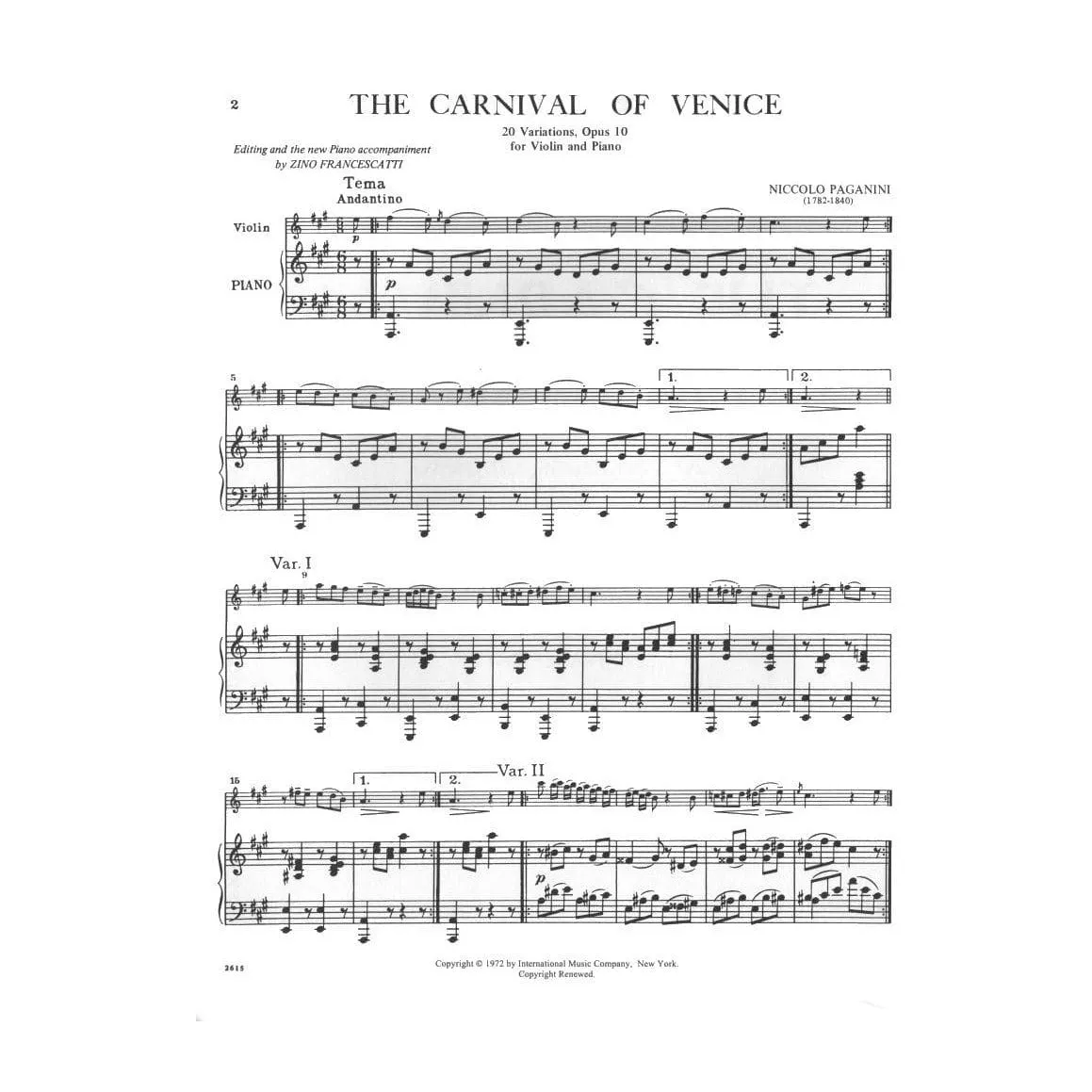 Paganini Karneval Venedig op.10 Violin-Noten 20 Var.
