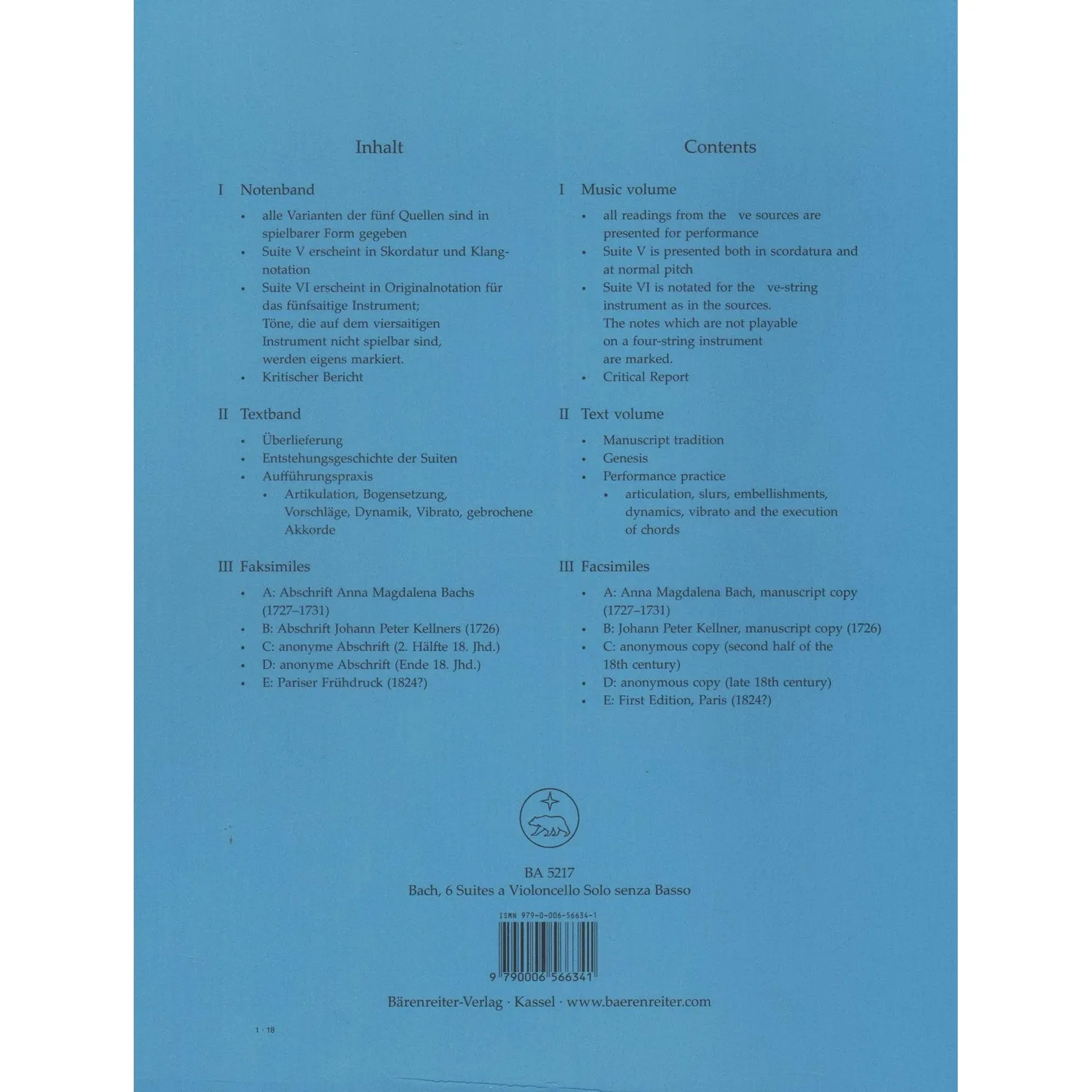 Bärenreiter Bach 6 Suiten Cello-Noten Urtext