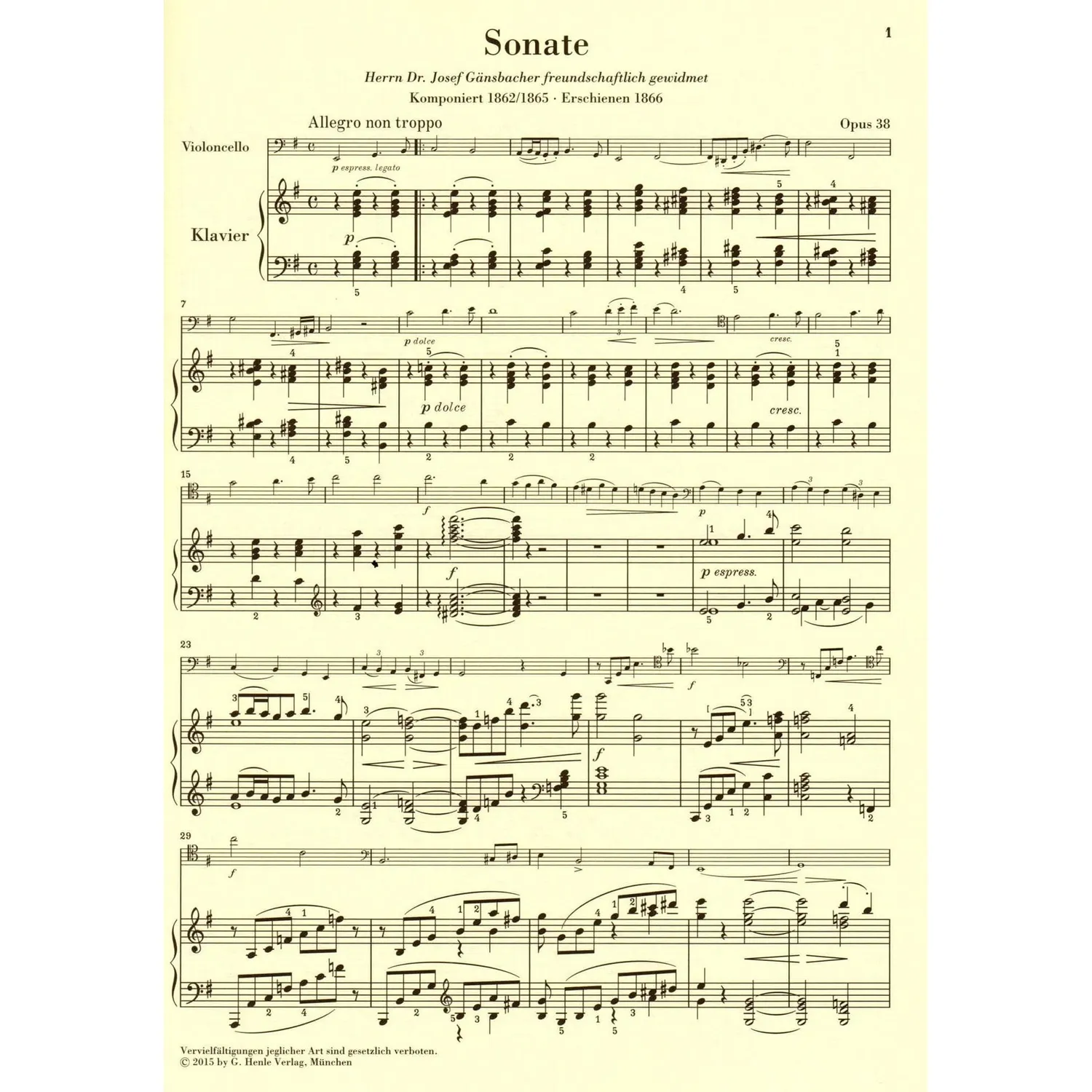 Shar Music Brahms Sonate e-moll op.38 Cellonoten Henle