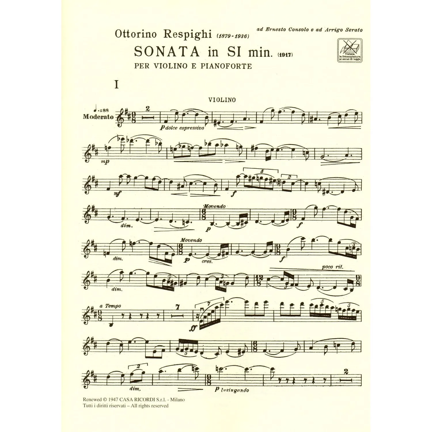 Ricordi Respighi Sonate h-Moll Noten Violine Klavier