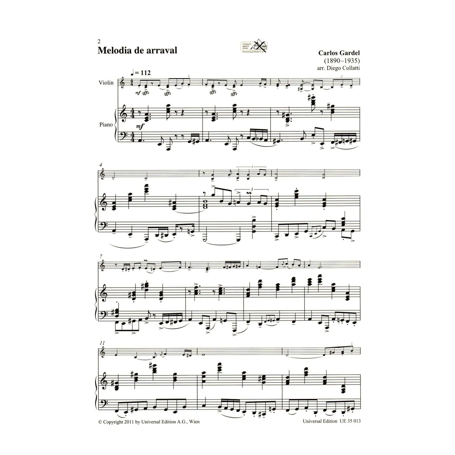 Universal Edition Gardel Five Tangos Noten Violine Klavier