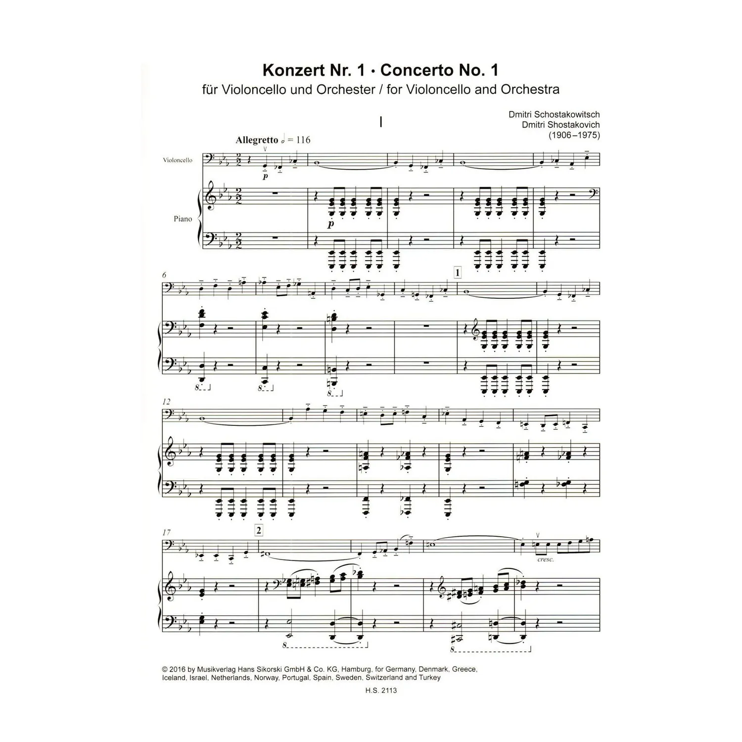 Sikorski Schostakowitsch Konzert 1 Es-Dur Noten Cello Klavier