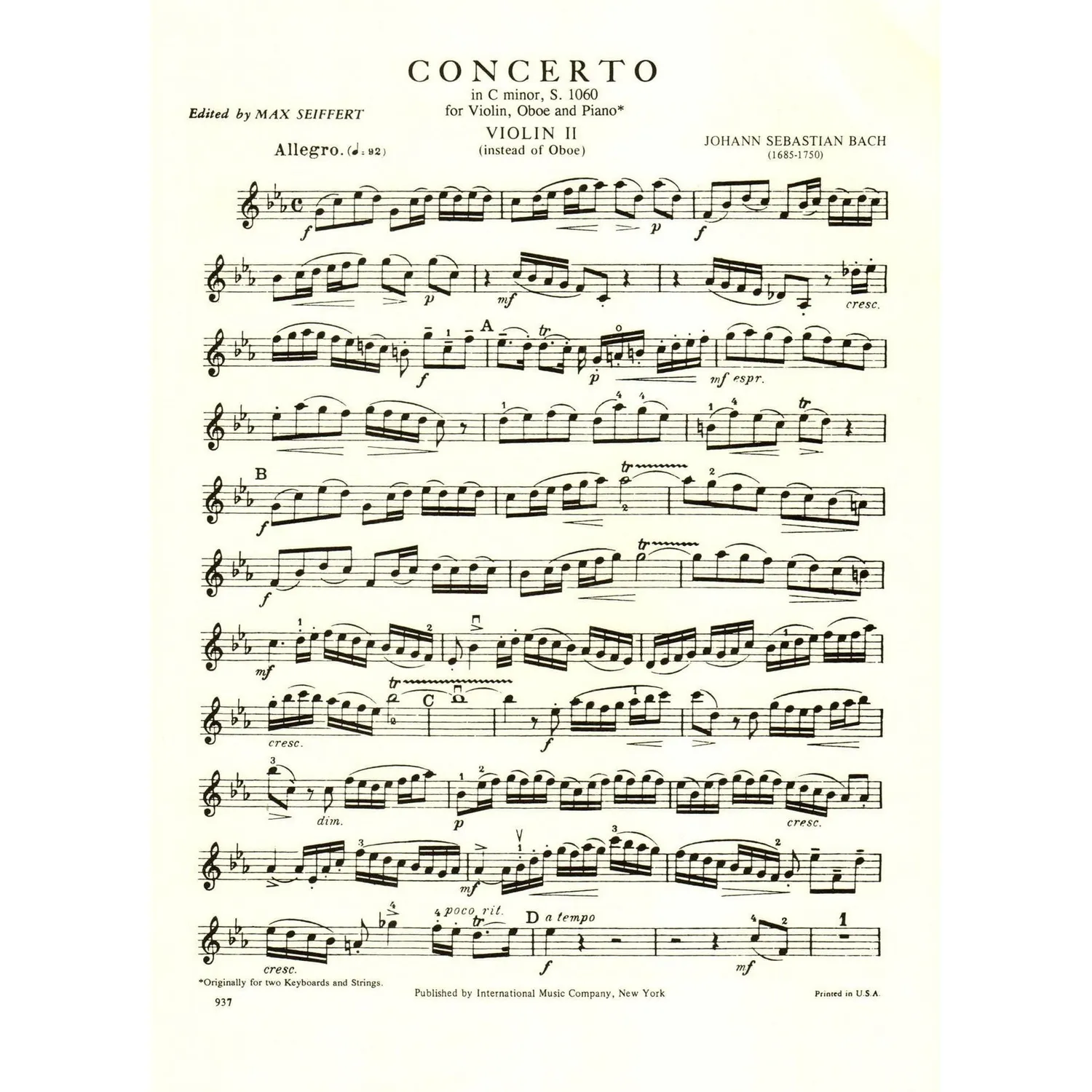 International Bach Konzert c-moll BWV 1060R Noten Violine Oboe