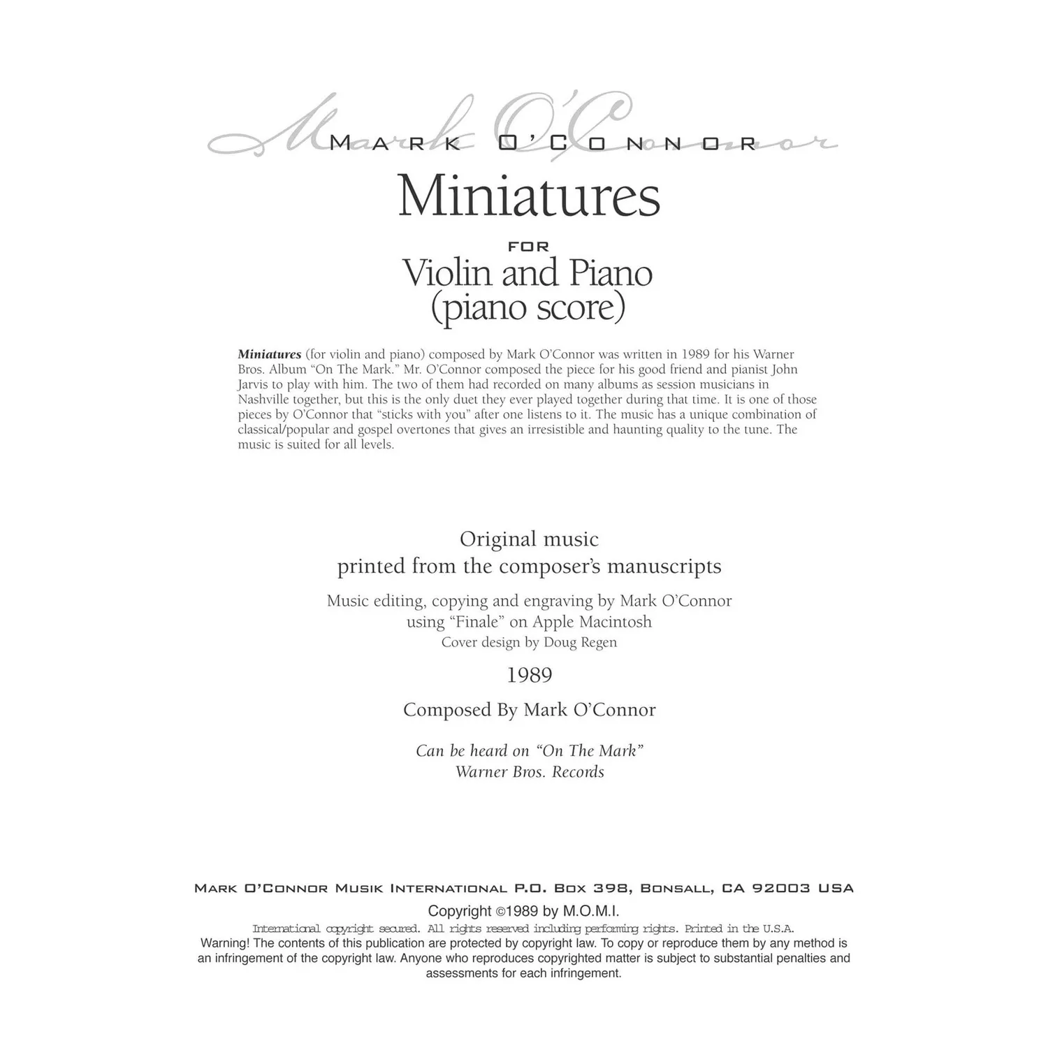 O'Connor Miniatures Violinenoten Klavier Download PDF