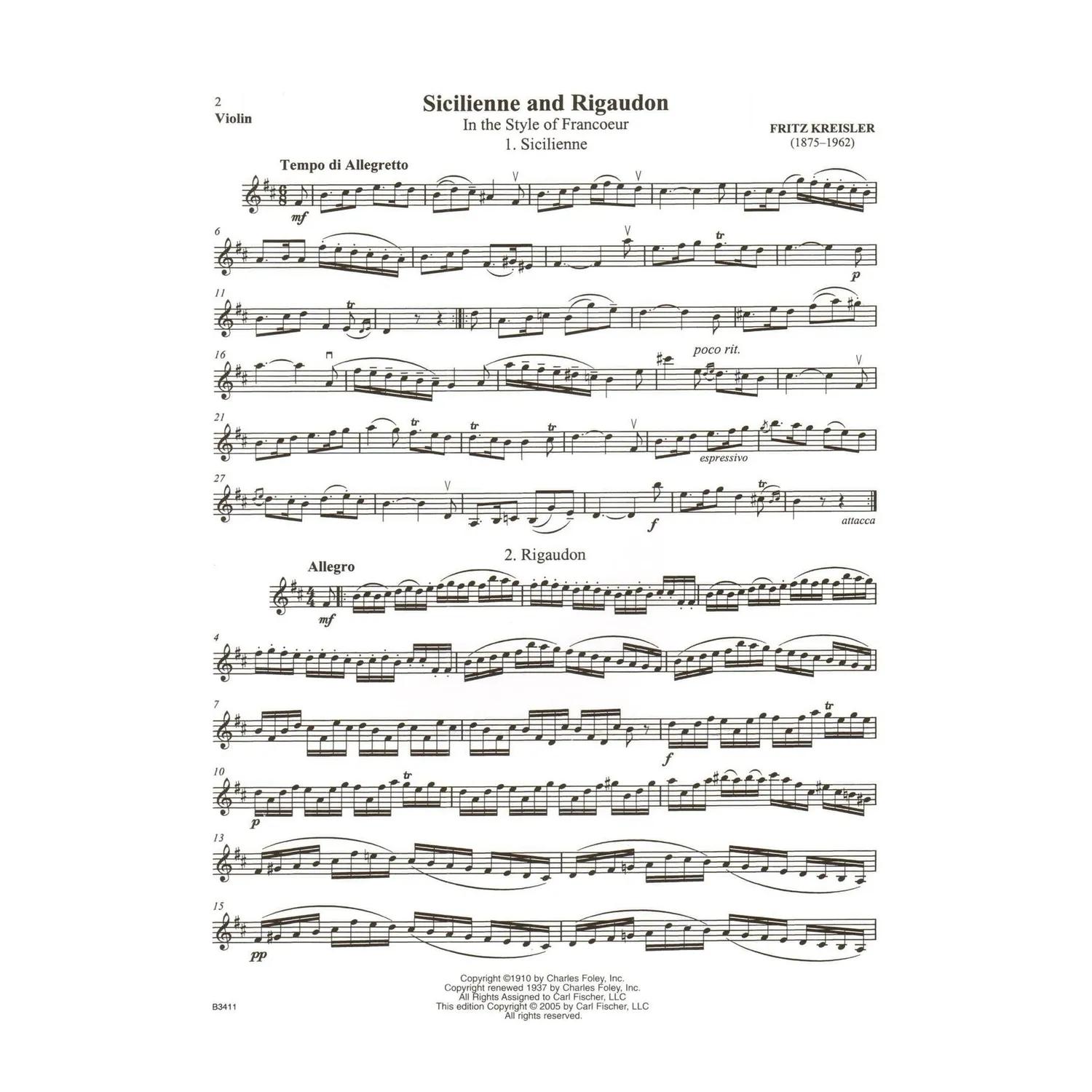 Carl Fischer Kreisler Sicilienne Rigaudon Violine Klavier
