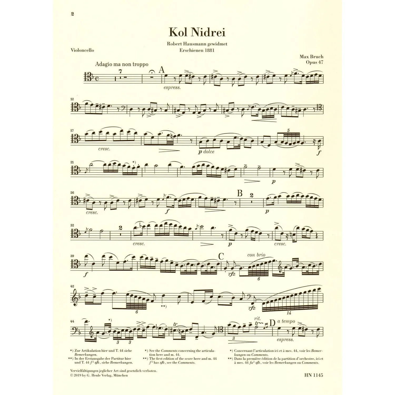 Shar Music Bruch Kol Nidrei op.47 Noten Cello Klavier Urtext