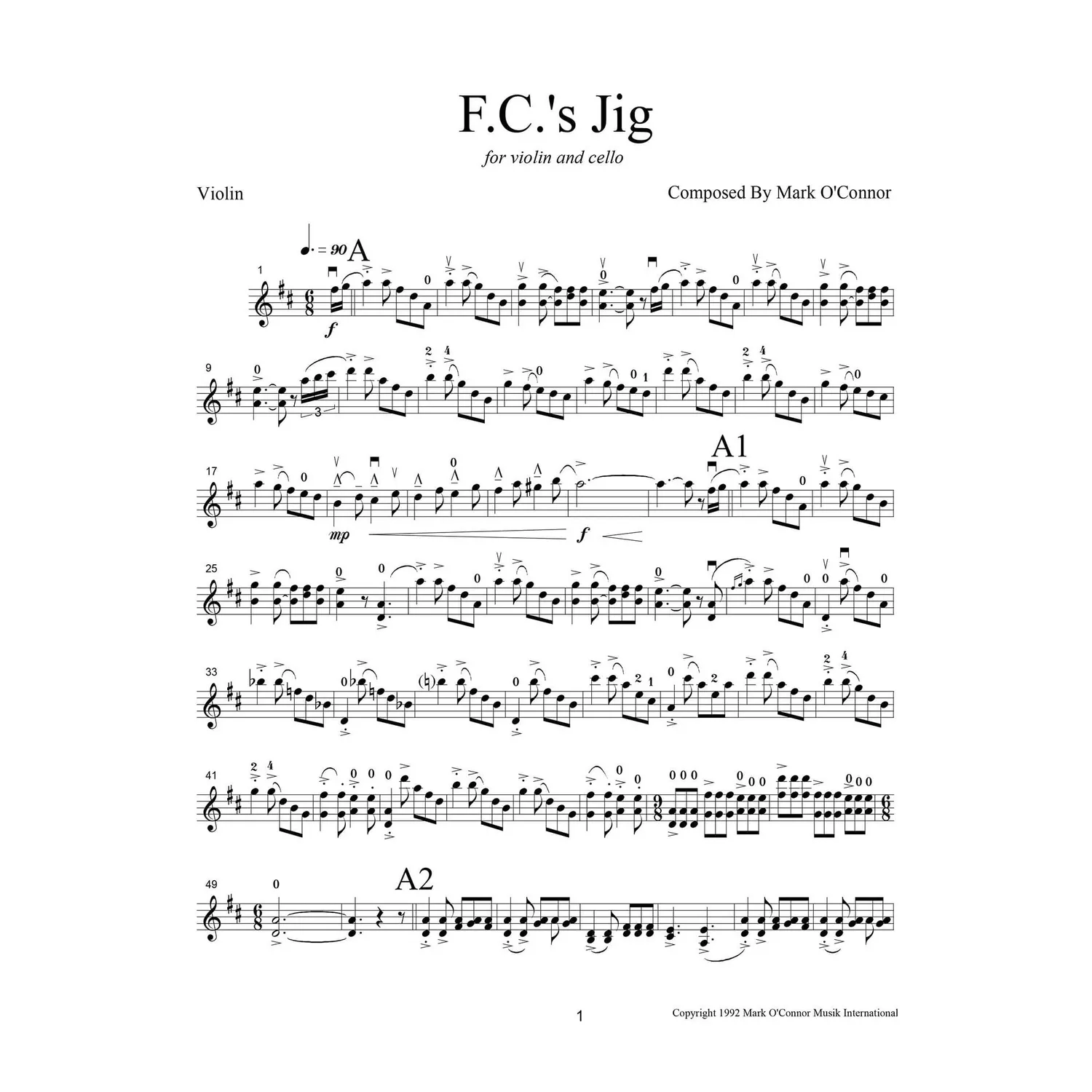 Mark O'Connor F.C.'s Jig Violine Cello Duett Download Noten
