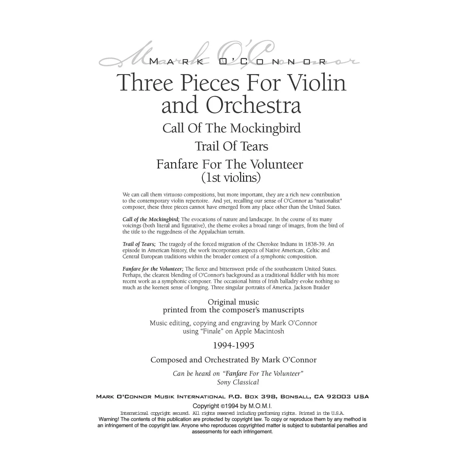 O'Connor Three Pieces Violine Orchester Streichstimmen Download