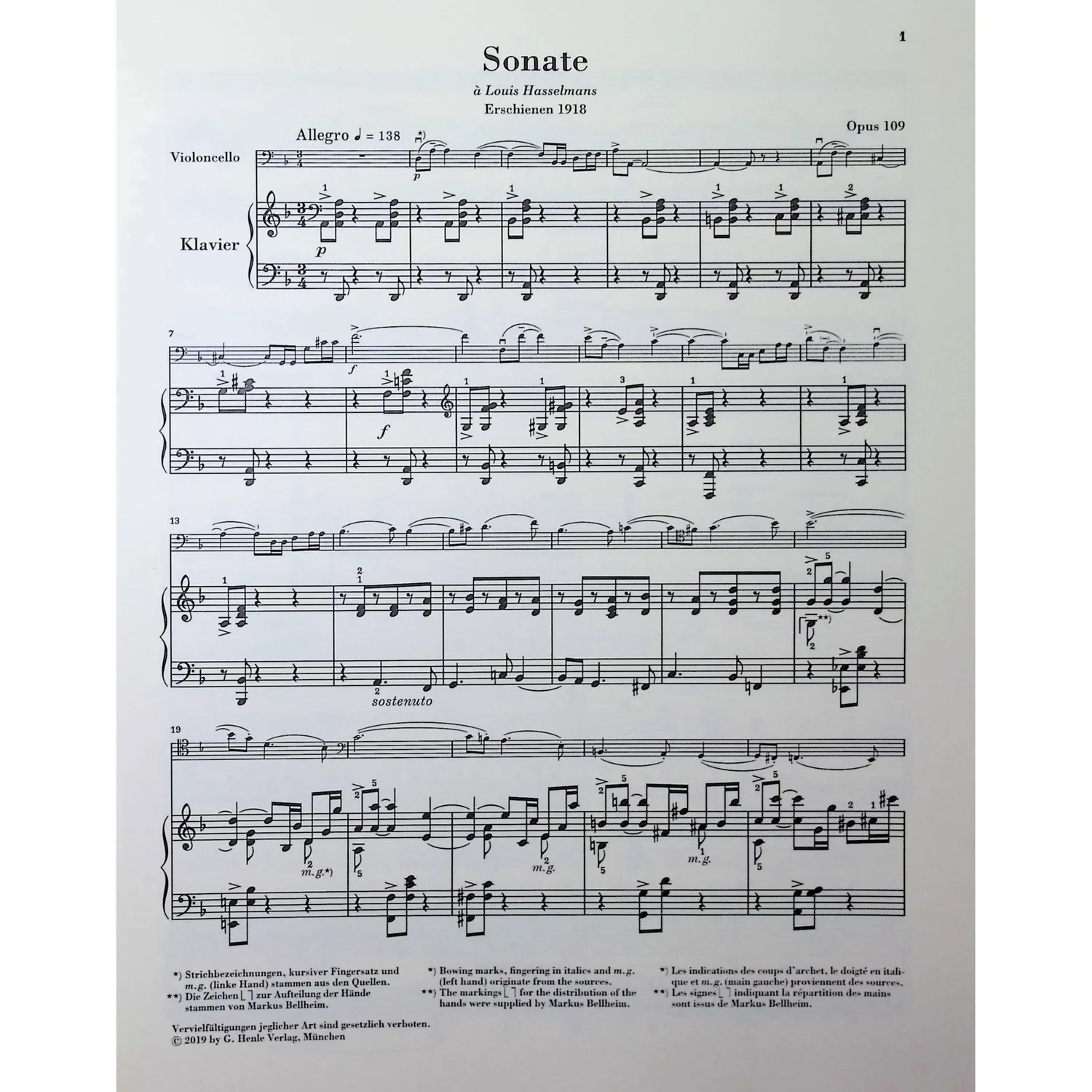 Henle Fauré Sonate Nr. 1 d-moll op. 109 Noten Cello Klavier Urtext