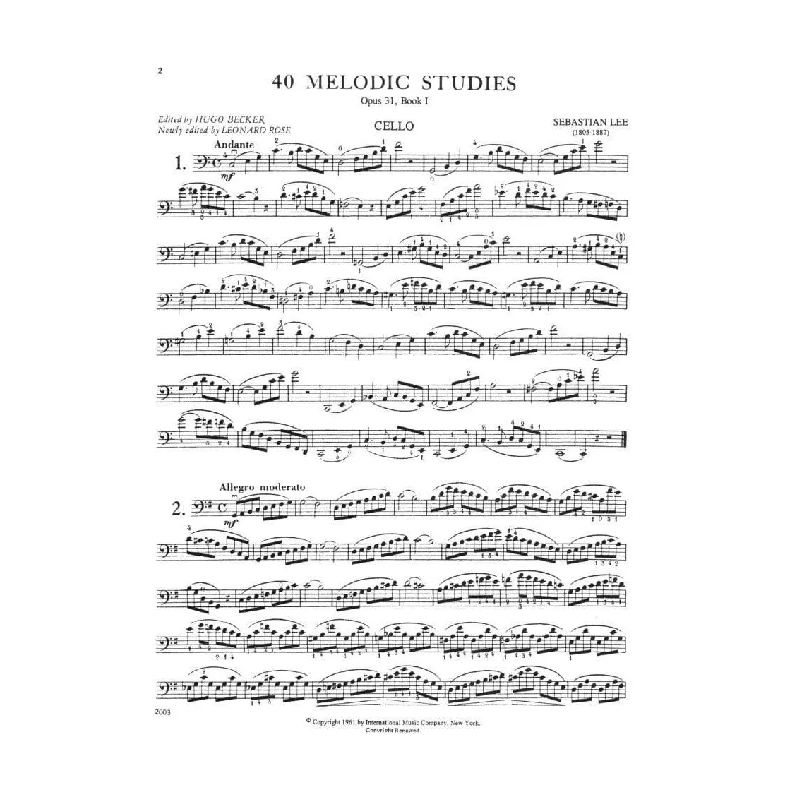 International Lee 40 Studien op.31 Vol.1 Noten Cello
