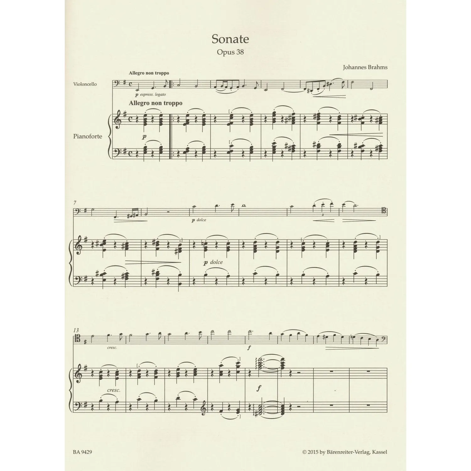 Brahms Sonate e-moll Op 38 Noten Cello Klavier Bärenreiter