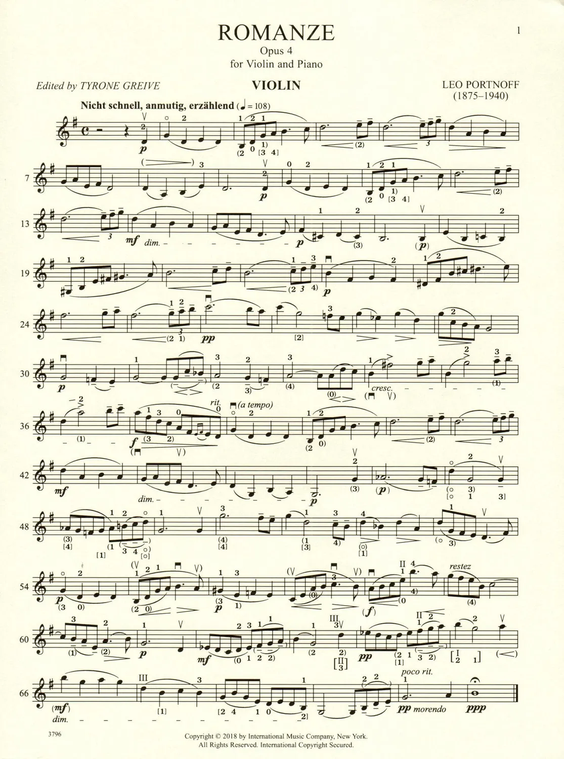Shar Music Portnoff Romanze Op.4 Noten Violine Klavier