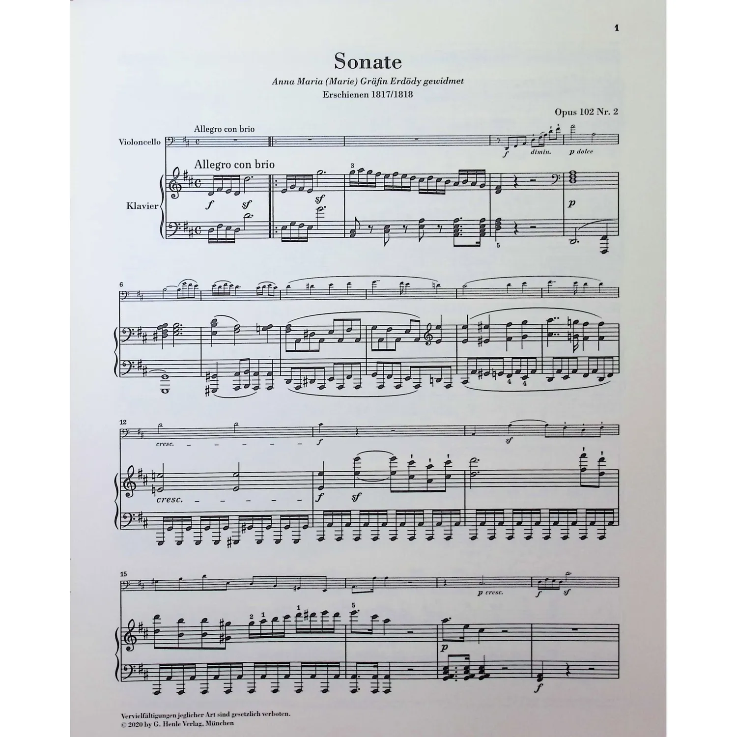Henle Beethoven Sonate D-Dur op.102 Nr.2 Noten Cello Urtext