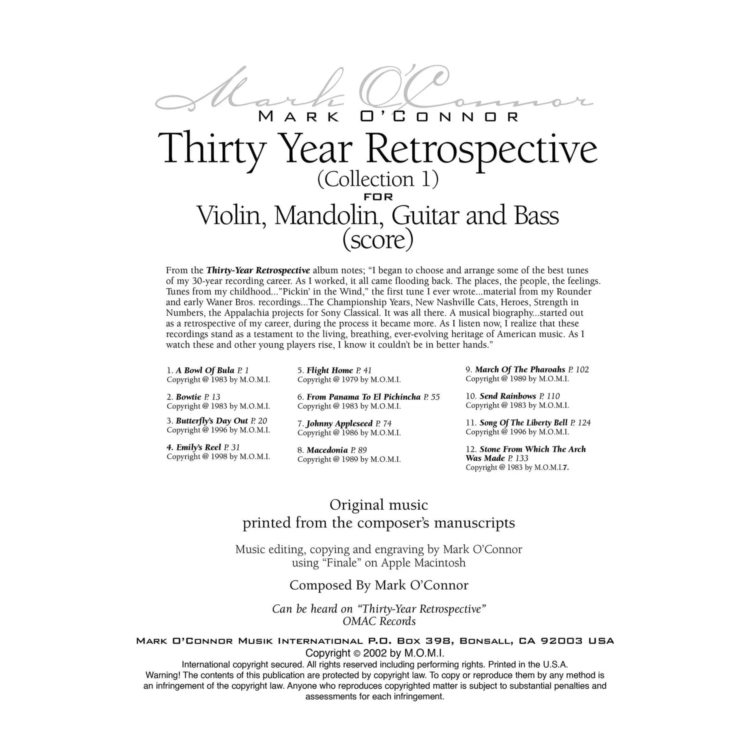 O'Connor 30-Year Retrospective Coll. 1 Noten Score digital