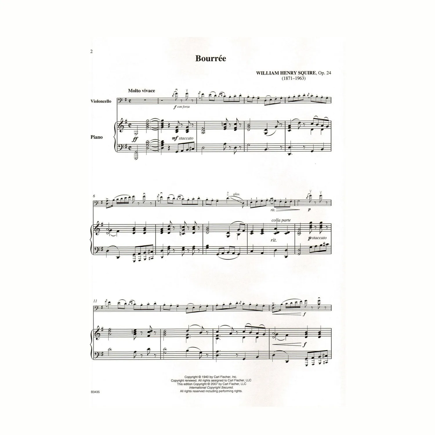 Carl Fischer Squire Bourée Op 24 Cello Noten Klavier